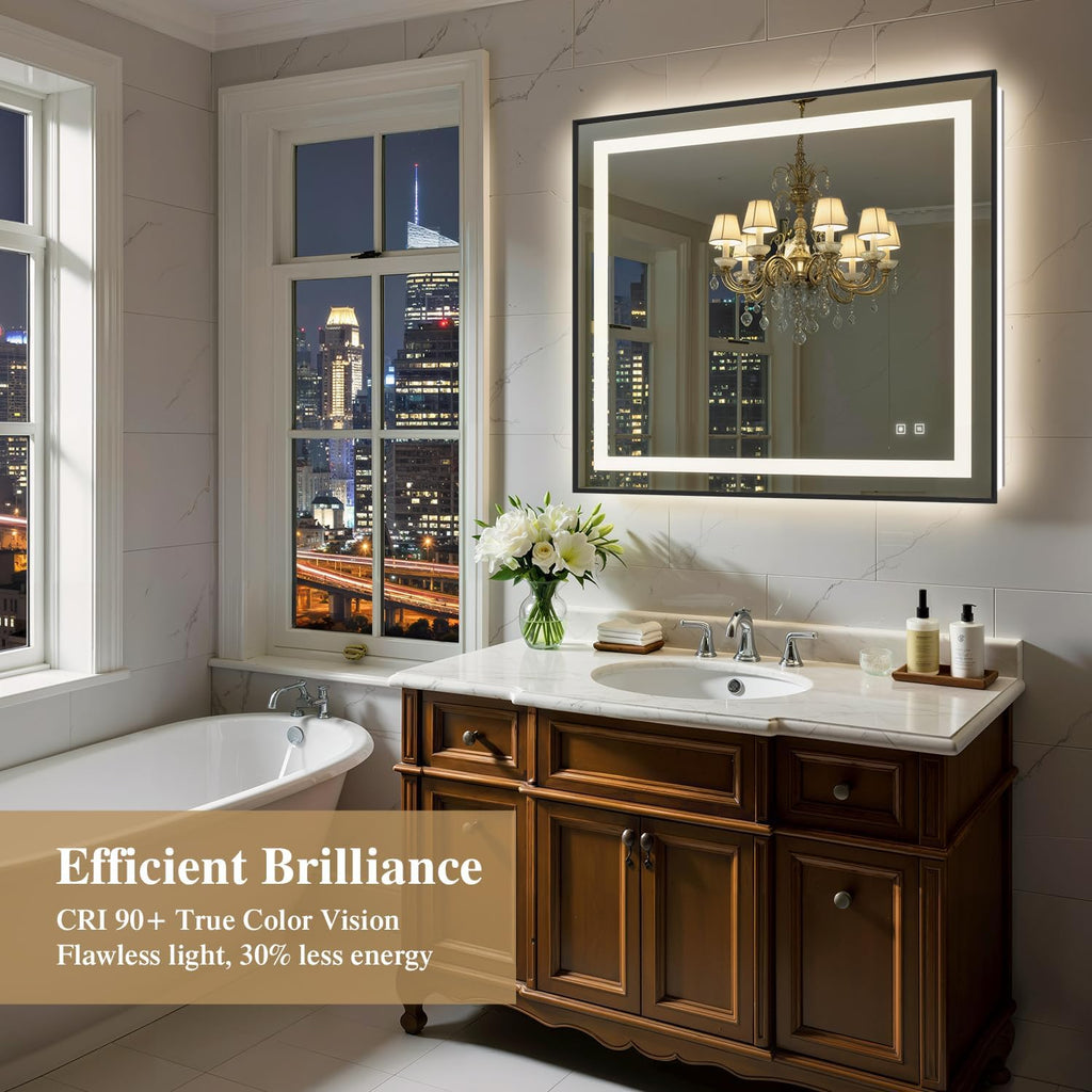 40X36 Inch LED Bathroom Mirror with Lights, Black Frame Frontlit+ Backlit Bathroom Vanity Mirror for Wall, Ultra-Clear Tempered Glass, Shatter-Proof, Anti-Fog and Memory Function, ETL Listed