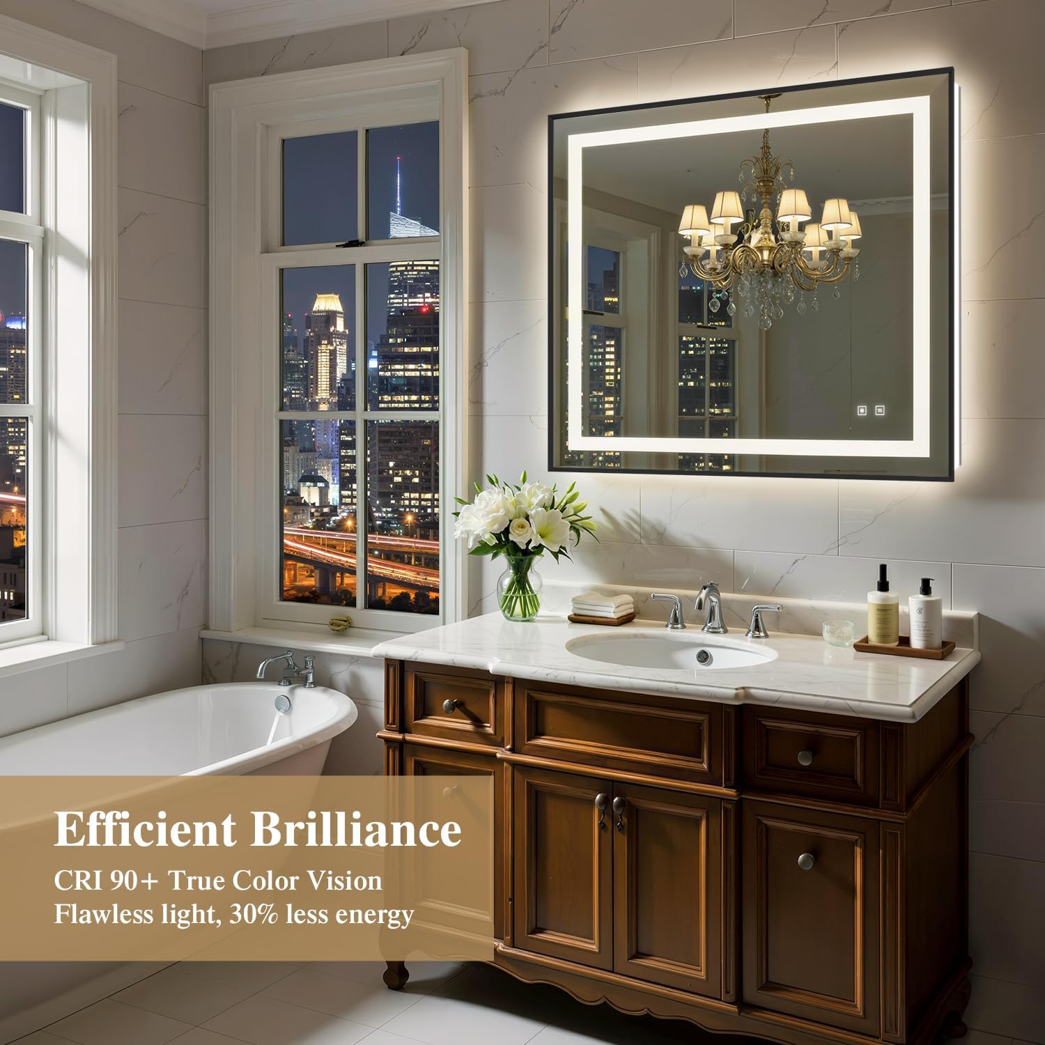40X36 Inch LED Bathroom Mirror with Lights, Black Frame Frontlit+ Backlit Bathroom Vanity Mirror for Wall, Ultra-Clear Tempered Glass, Shatter-Proof, Anti-Fog and Memory Function, ETL Listed