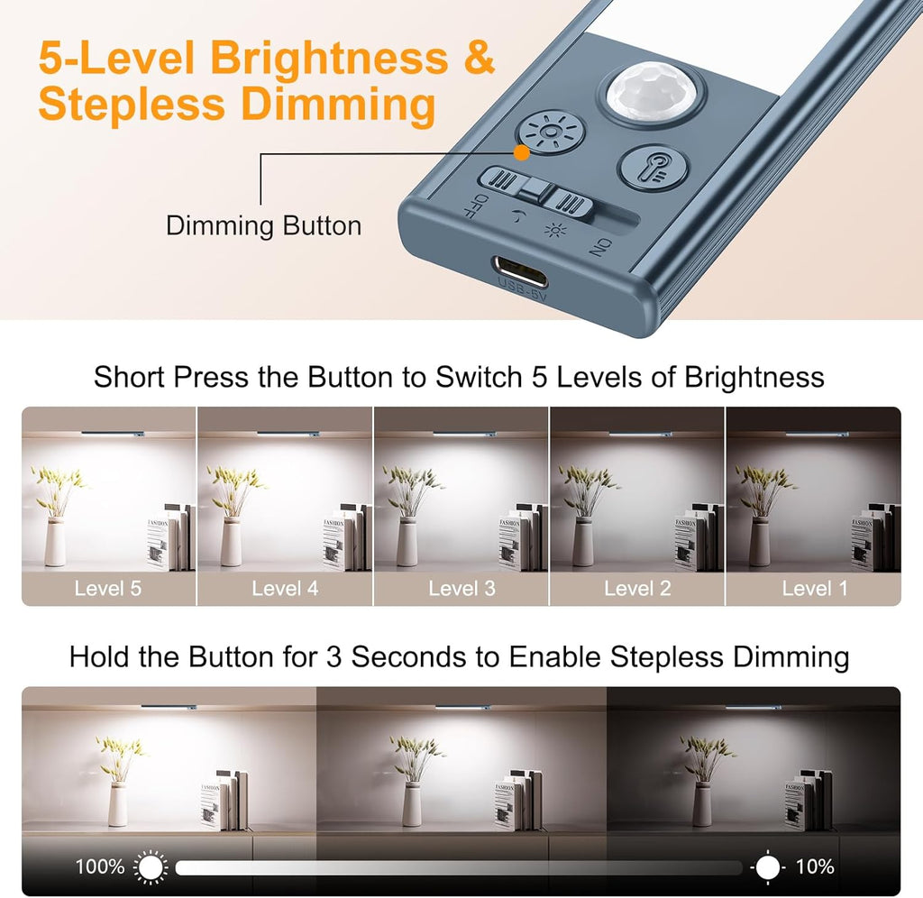 Gritin 10.2inch Under Cabinet Lighting Rechargeable -84 LED Super Bright,3-Color& 5 Level Brightness,4 Modes,Motion Sensor, Long Lasting- Easy Installation Magnetic Closet Lights -2 Pack-Sea Blue