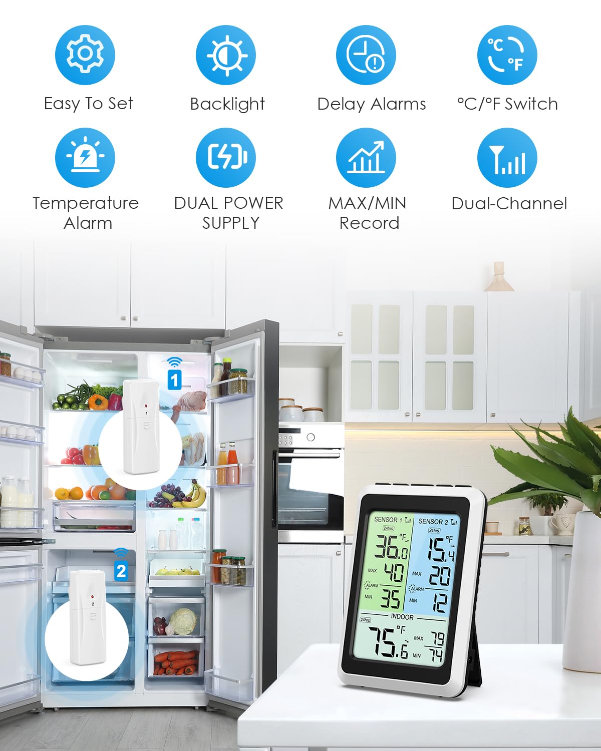 AMIR Upgraded Digital Refrigerator Thermometer with Alarm – 4.5” Wireless Fridge & Freezer Thermometer with 2 Sensors, Backlight Color Screen, MAX/MIN Records for Home, Restaurant & Wine Cellar Use