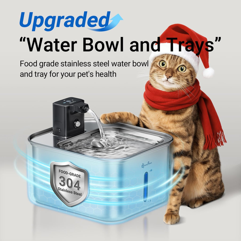 DownyPaws Cat Water Fountain Stainless Steel Wireless, 101 oz/3L FurSink Cordless Water Fountain for Cats, Battery Operated Cat Fountains for Drinking with Motion Sensor, Easy Clean, Metal & 6 Filters