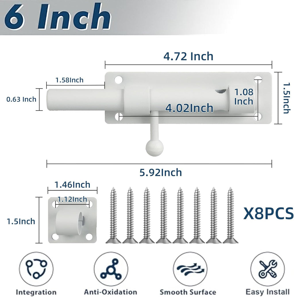 Alise 6 inch Barrel Bolt Latch,Slide Bolt Latch,Heavy Duty Solid SUS304 Stainless Steel Slide Lock for Wooden Fence,Barn Door,Interior or Outdoor Door White MS8000-W