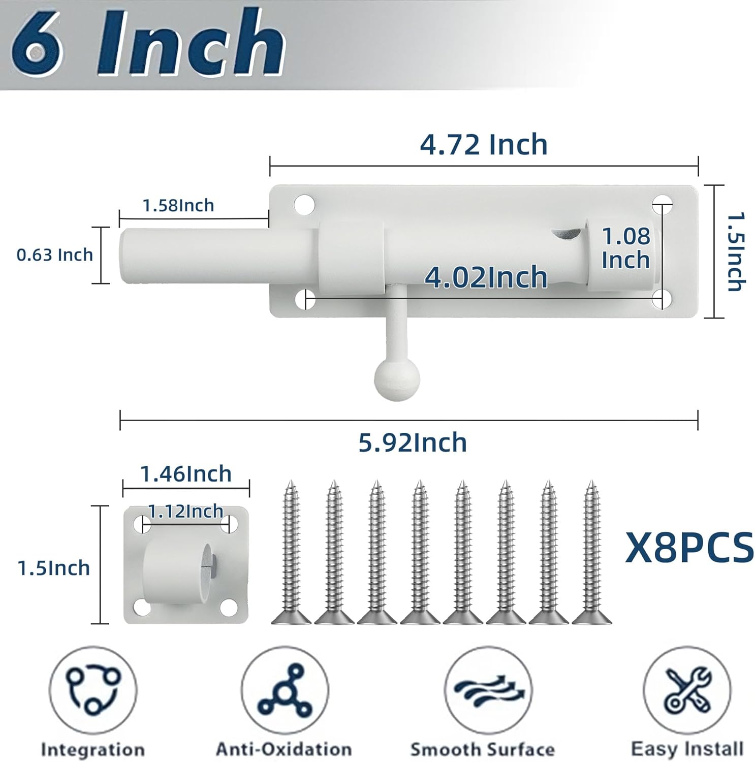 Alise 6 inch Barrel Bolt Latch,Slide Bolt Latch,Heavy Duty Solid SUS304 Stainless Steel Slide Lock for Wooden Fence,Barn Door,Interior or Outdoor Door White MS8000-W