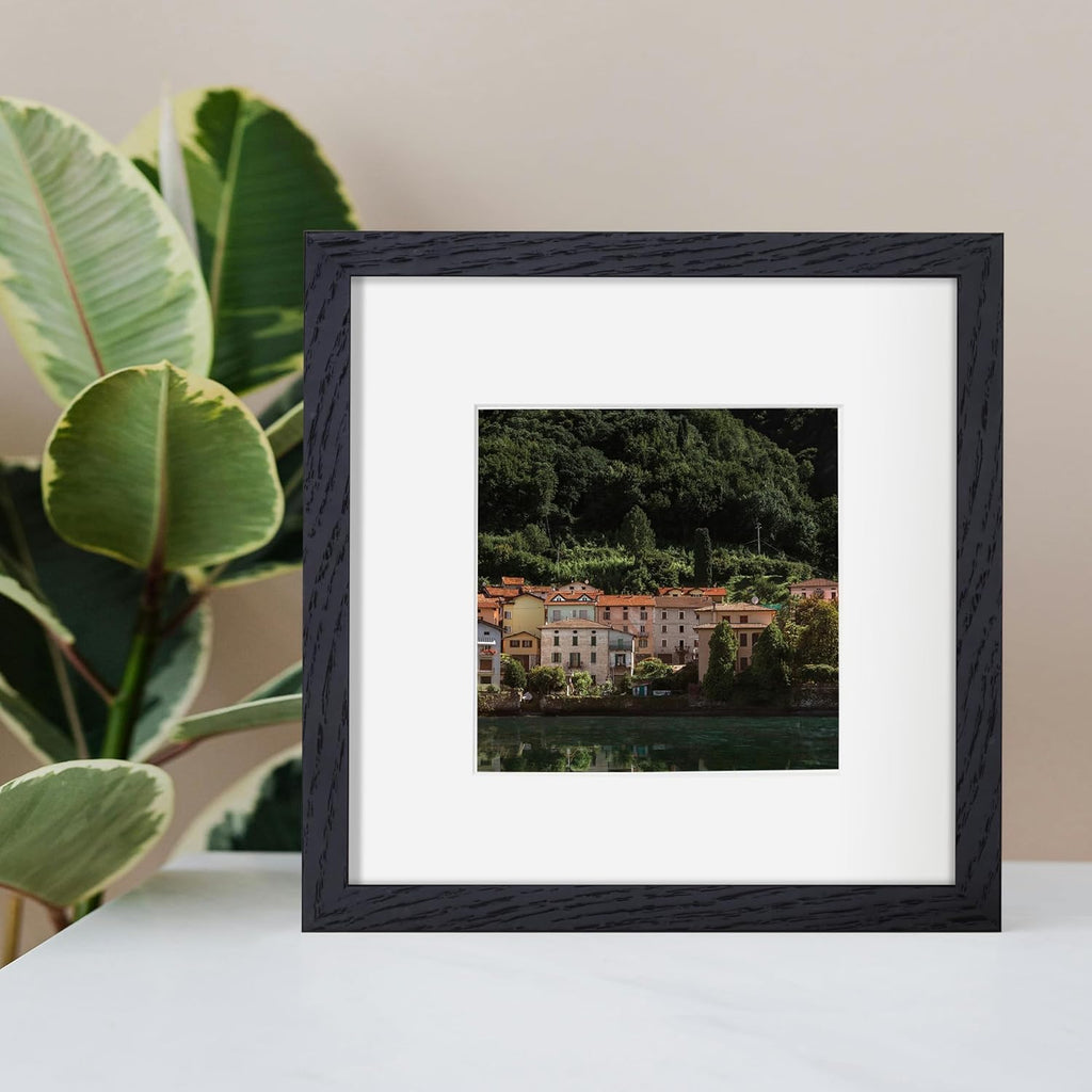 Rustic Oak 8x8 Picture Frame, Solid Oak Wood, 8"x8" Square Photo Frame with Tempered Glass, Matted to 4"x4", Black, Set of 2