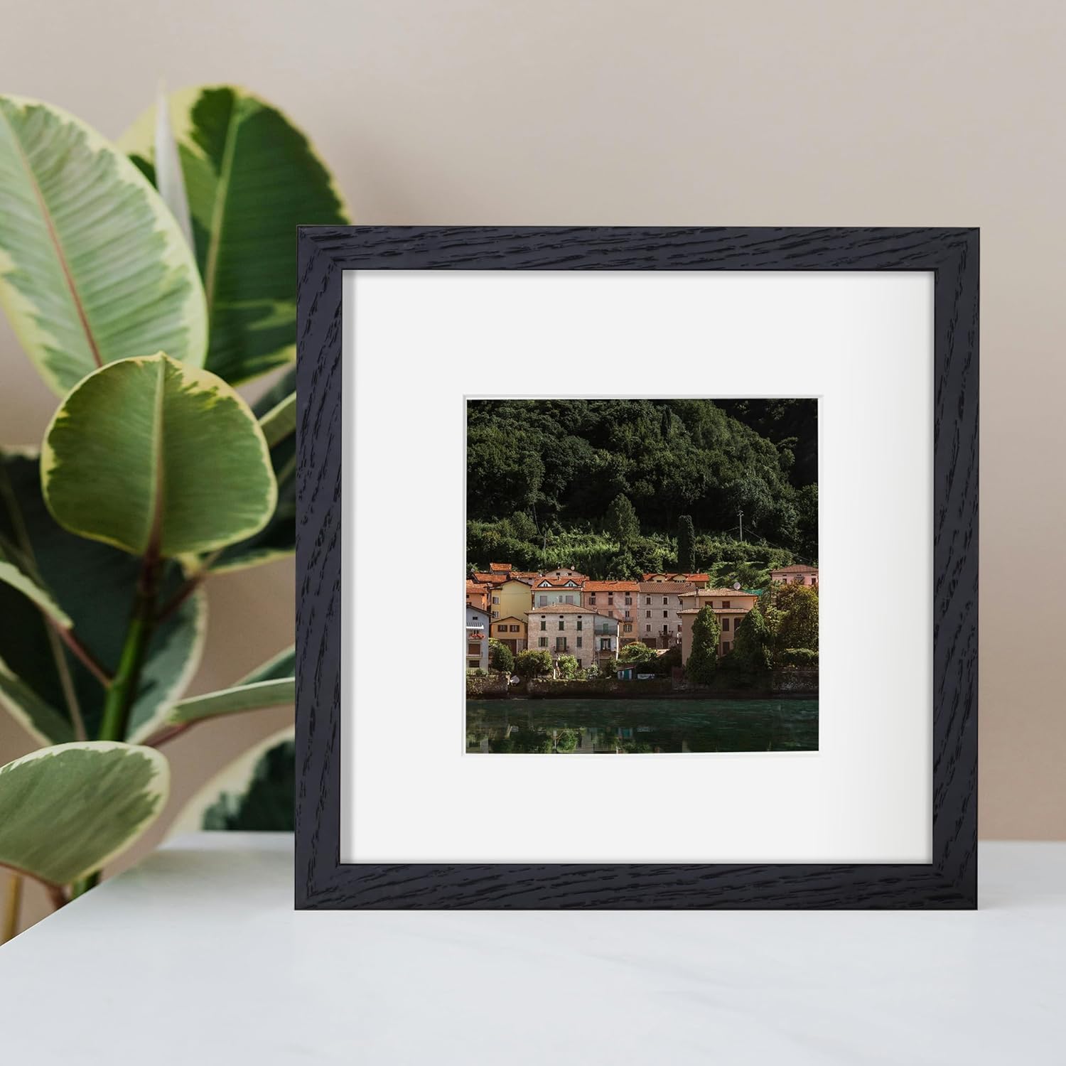Rustic Oak 8x8 Picture Frame, Solid Oak Wood, 8"x8" Square Photo Frame with Tempered Glass, Matted to 4"x4", Black, Set of 2