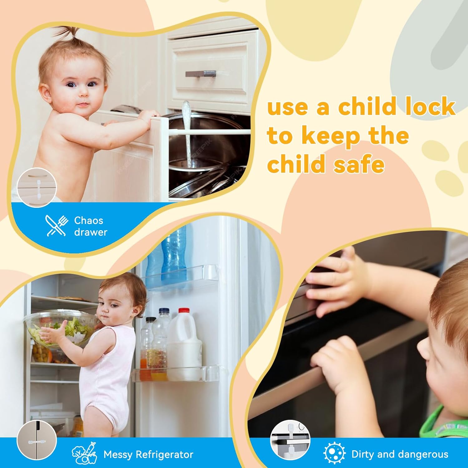 10-Pack Child Safety Cabinet Locks，Adjustable No Drilling Baby Proofing Strap Latches for Drawers,Cupboard,Cabinets,Fridge,Toilet Seat,Door,Closet–No Tool Easy 3M Adhesive Installation
