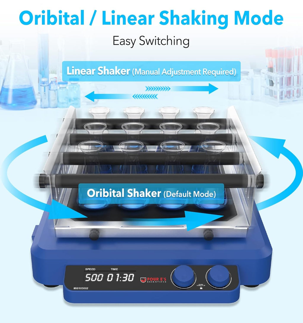 FOUR E'S SCIENTIFIC Orbital and Linear Shaker, 20-500 RPM Lab Orbital Rotator Shaker with Brushless DC Motor, Max. Load Capacity 7.5 KG
