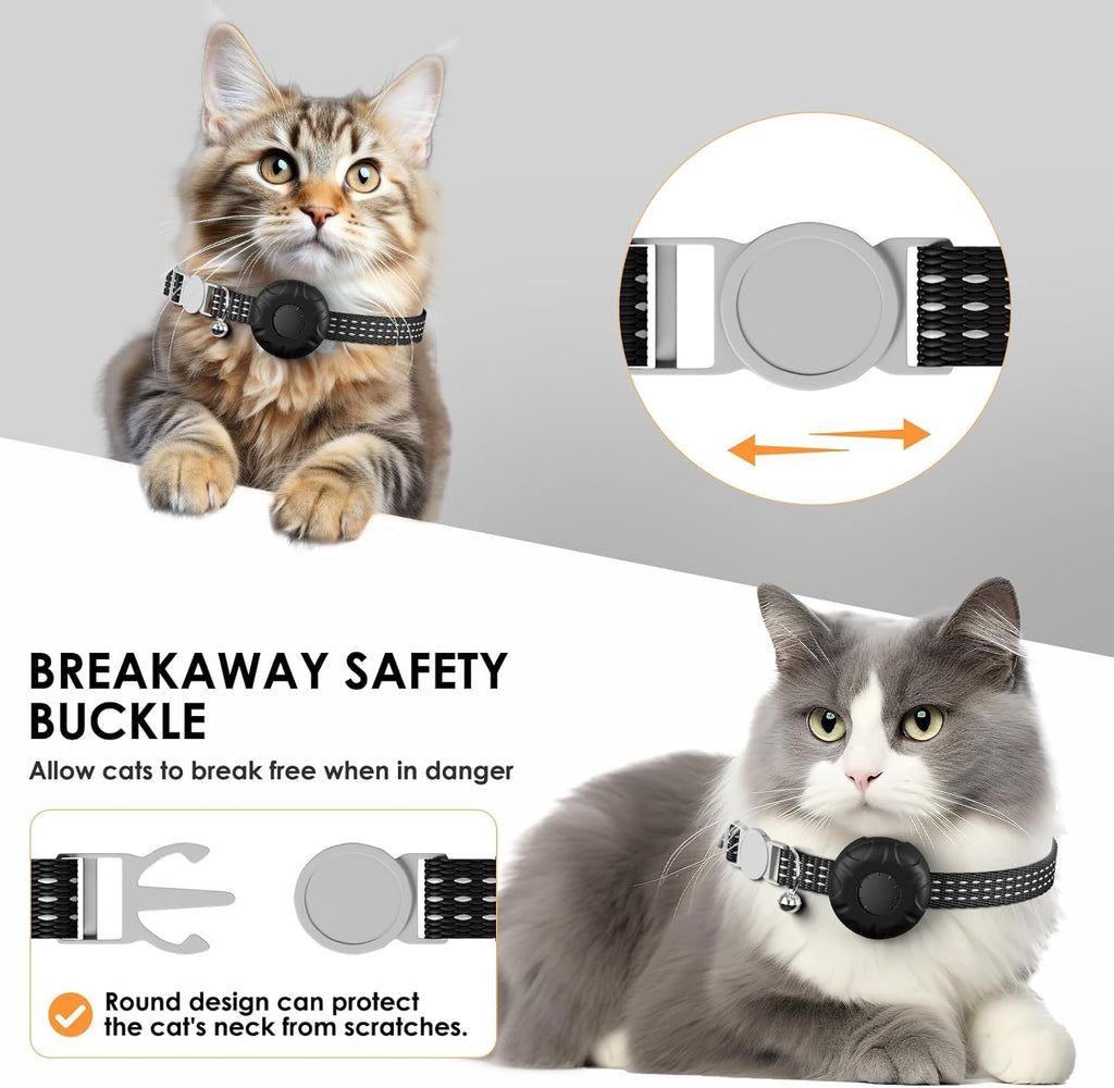 Cat Tracker, Waterproof Pet Tracker for Cats, Cat GPS Tracker Collar with Safety Elastic Buckle, Compatible with Apple Find My App (Only iOS), No Monthly Fee (Black Tracker, Black Cat Collar)