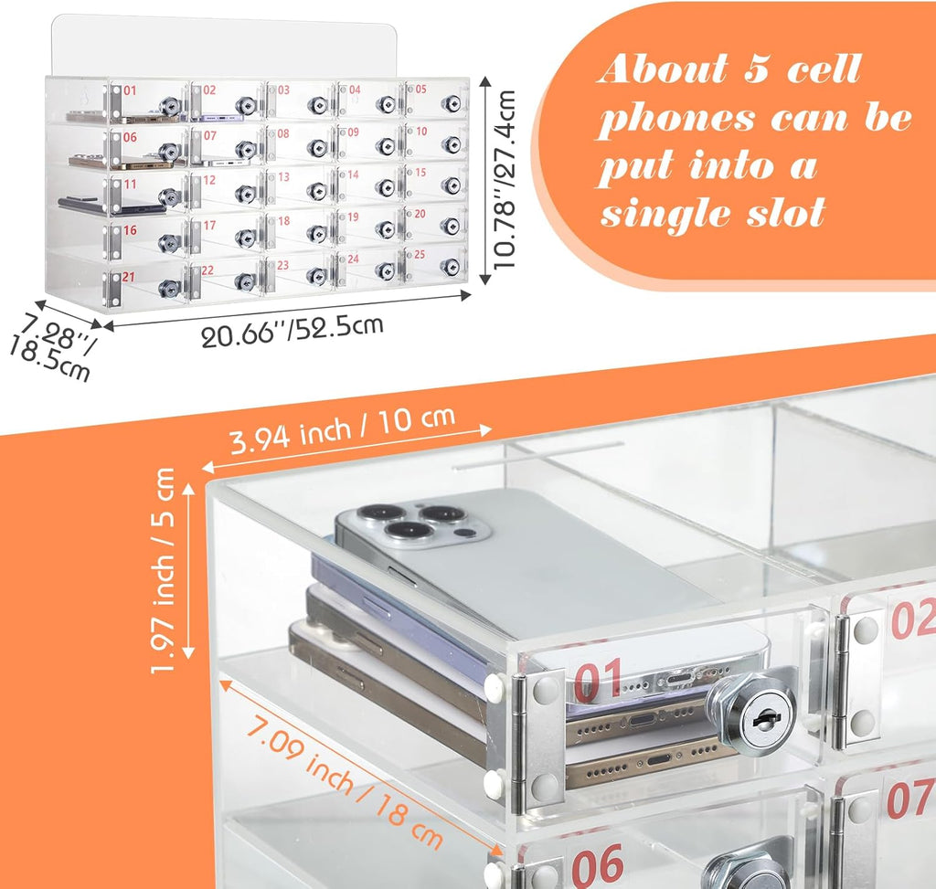 Threan 25 Slot Cell Phone Storage Box, Clear Cell Phone Storage Cabinet Wall Mounted, Including Door Locks and Keys for Office School Factory Classroom Students Staff