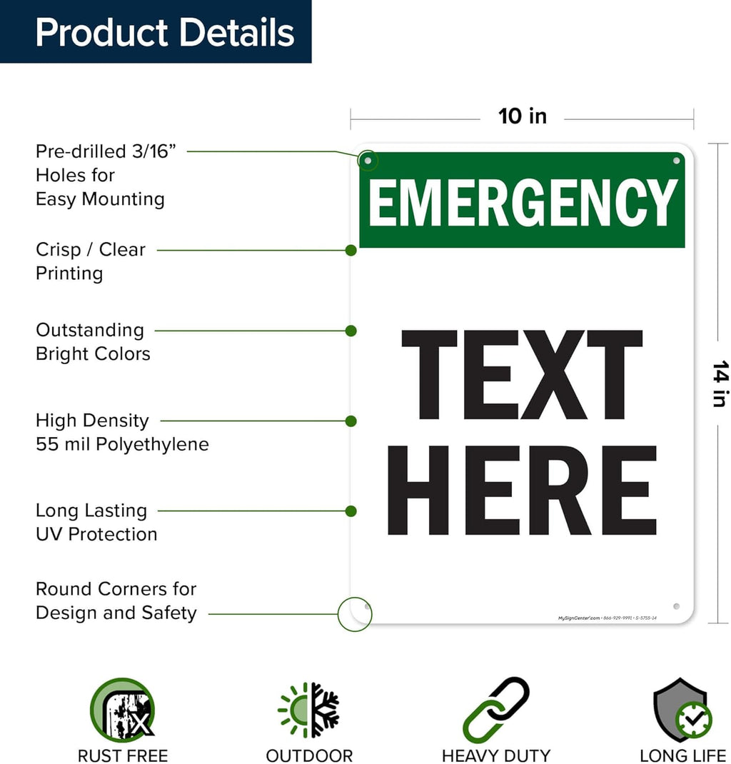 Custom Emergency Sign, OSHA Sign, 10x14 Inches, 55 mil thick HDPE (high density polyethylene), Made in USA by My Sign Center