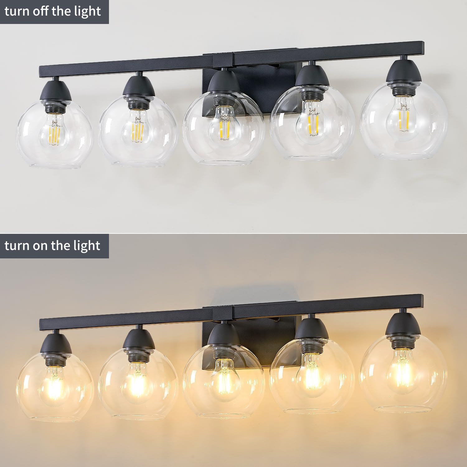 5-Light Bathroom Light Fixtures, Black Vanity Light with Premium Hand-Blown Glass Shades, Ultra-Clear & Impact-Resistant, Wall Lamp for Mirror, Living Room, Kitchen