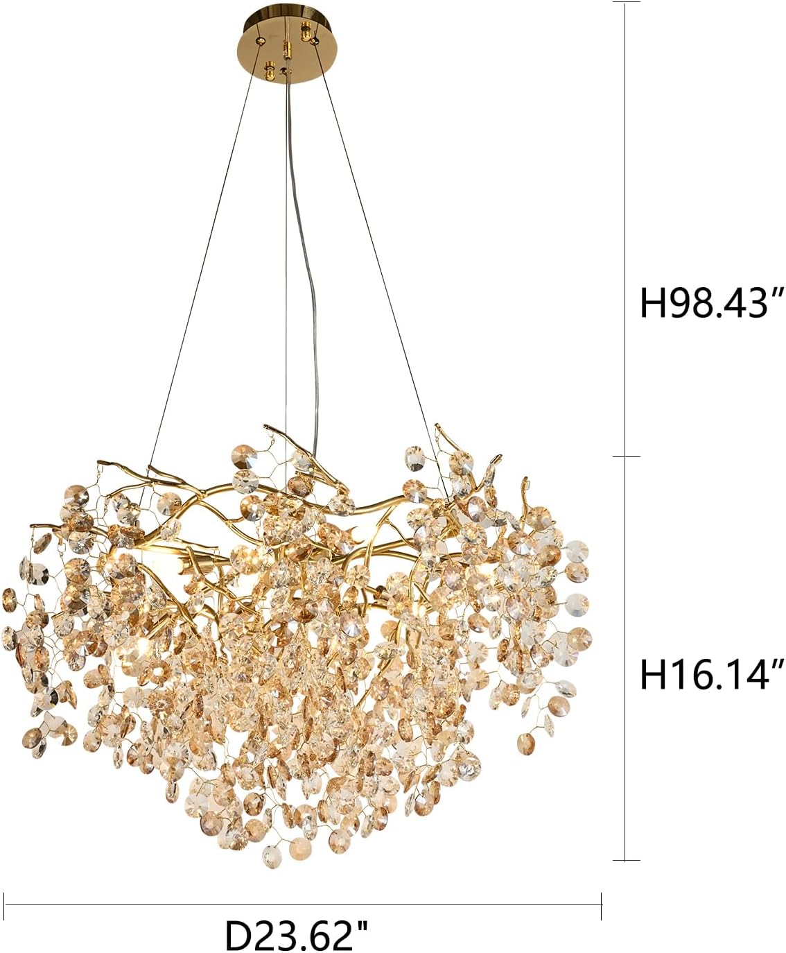 Crystal Gold Chandelier Modern Round Ceiling Pendant Light Fixture Tree Branch Chandeliers for Living Room Dining Room Kitchen Bedroom Hotel