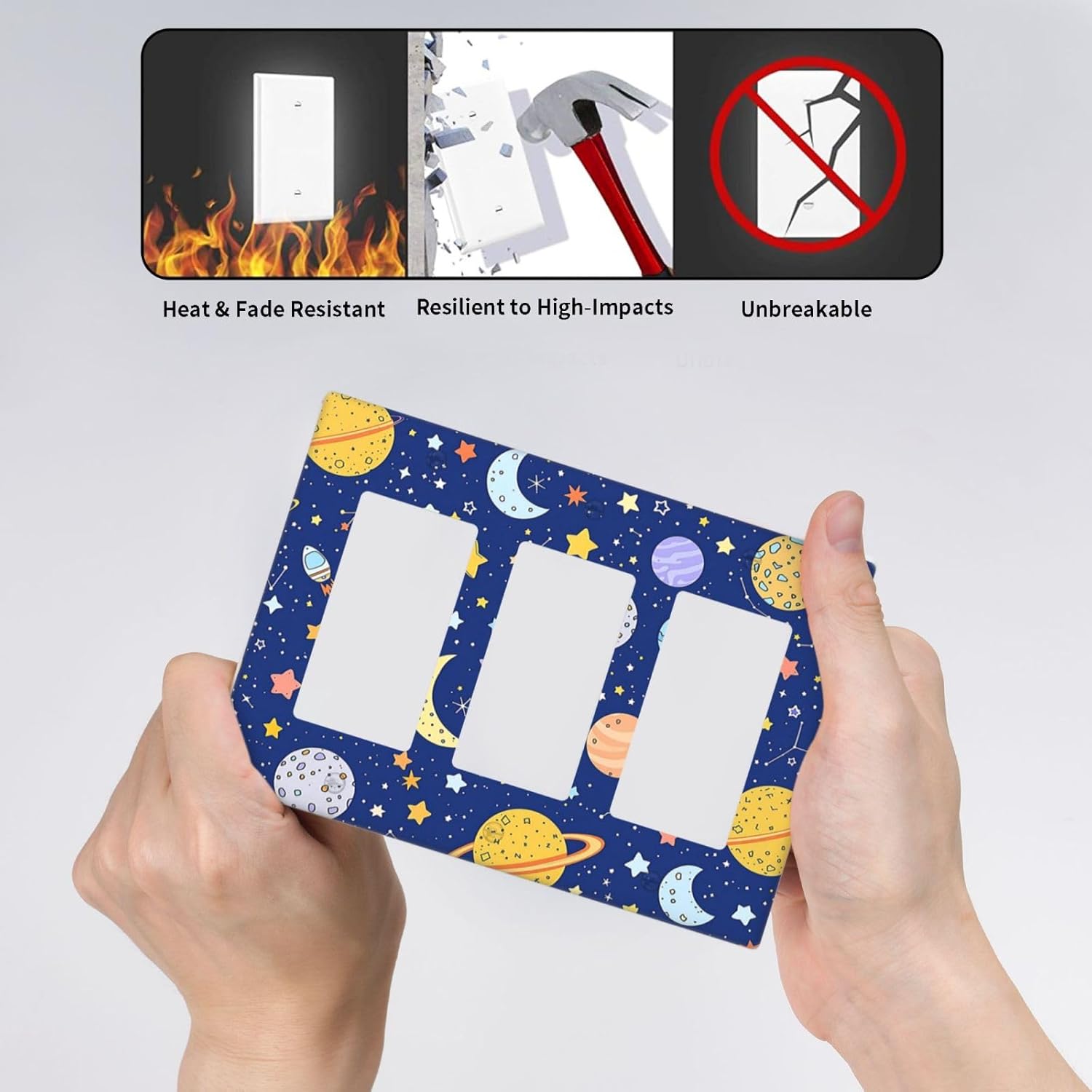 Stars Starry Night Sun Moon Planet Constellations Light Switch Covers 3 Gang Rocker Decorative Triple Outlet Wall Plate Cover Electrical GFCI Switchplate for Bedroom Bathroom Decor