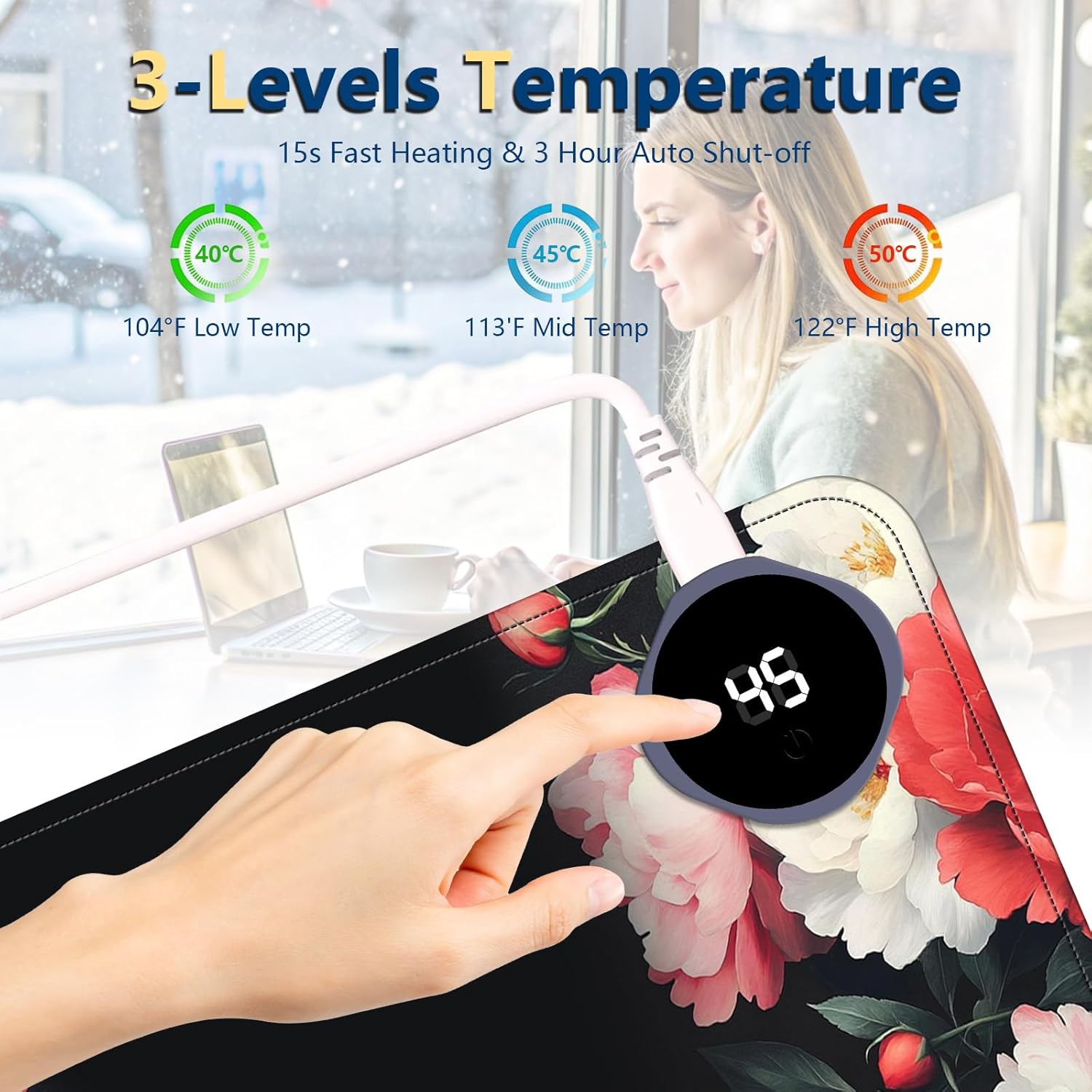 Heated Mouse Pad with 3 Temperature Settings(104°F–122°F),Large 31.5x13 Inch PU Leather Heated Desk Mat,Waterproof Warming Pad for Office,Gaming & Cold Hands Relief,Vintage Flowers