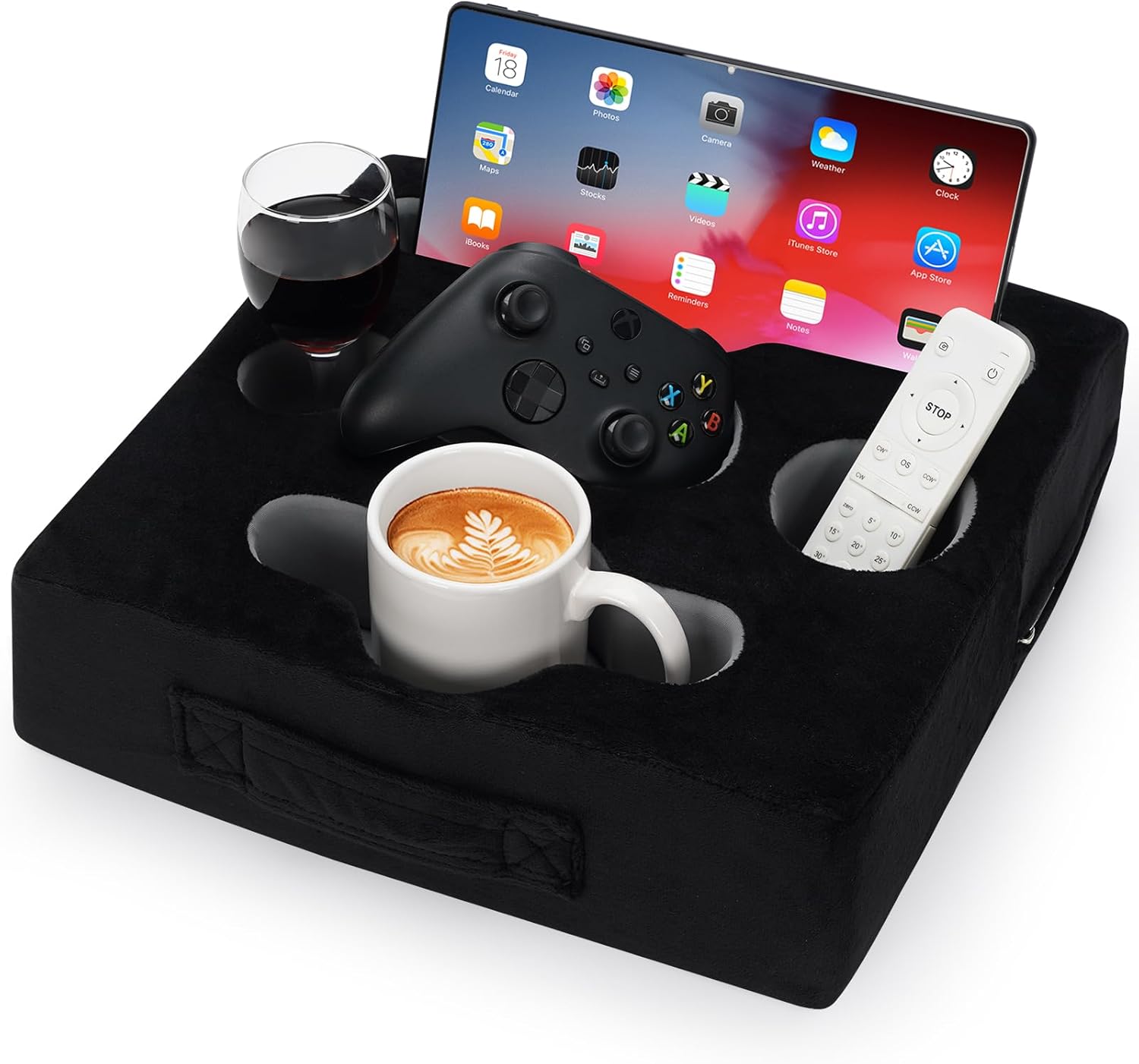 STBoo Couch Cup Holder Pillow Tray - Sofa Drink Cup Holder Cozy Buddy | Bed Caddy Organizer for Remote, Snacks Beverage, Phones, Tablet | Use it on Car, Pack, Beach, RV, Boat, Bedroom (Black)