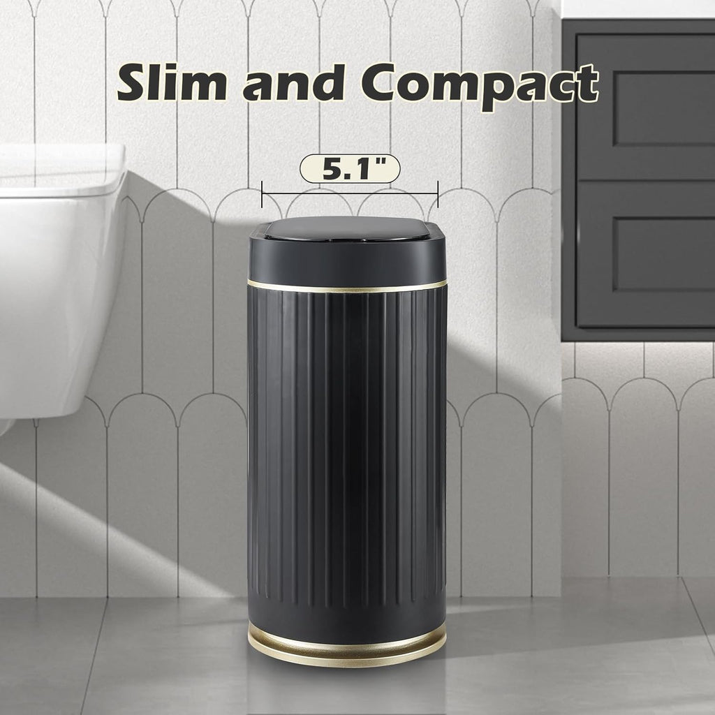 ELPHECO Bathroom Trash Can with Lid 2 Gallon Motion Sensor Garbage Can 7.5 Liter Small Trash can Touchless Bathroom Decor Waterproof Smart Waste Bin with Stripes for Bedroom, Office (Black-Golden)