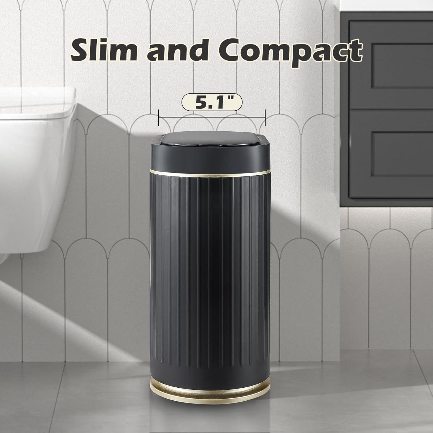ELPHECO Bathroom Trash Can with Lid 2 Gallon Motion Sensor Garbage Can 7.5 Liter Small Trash can Touchless Bathroom Decor Waterproof Smart Waste Bin with Stripes for Bedroom, Office (Black-Golden)