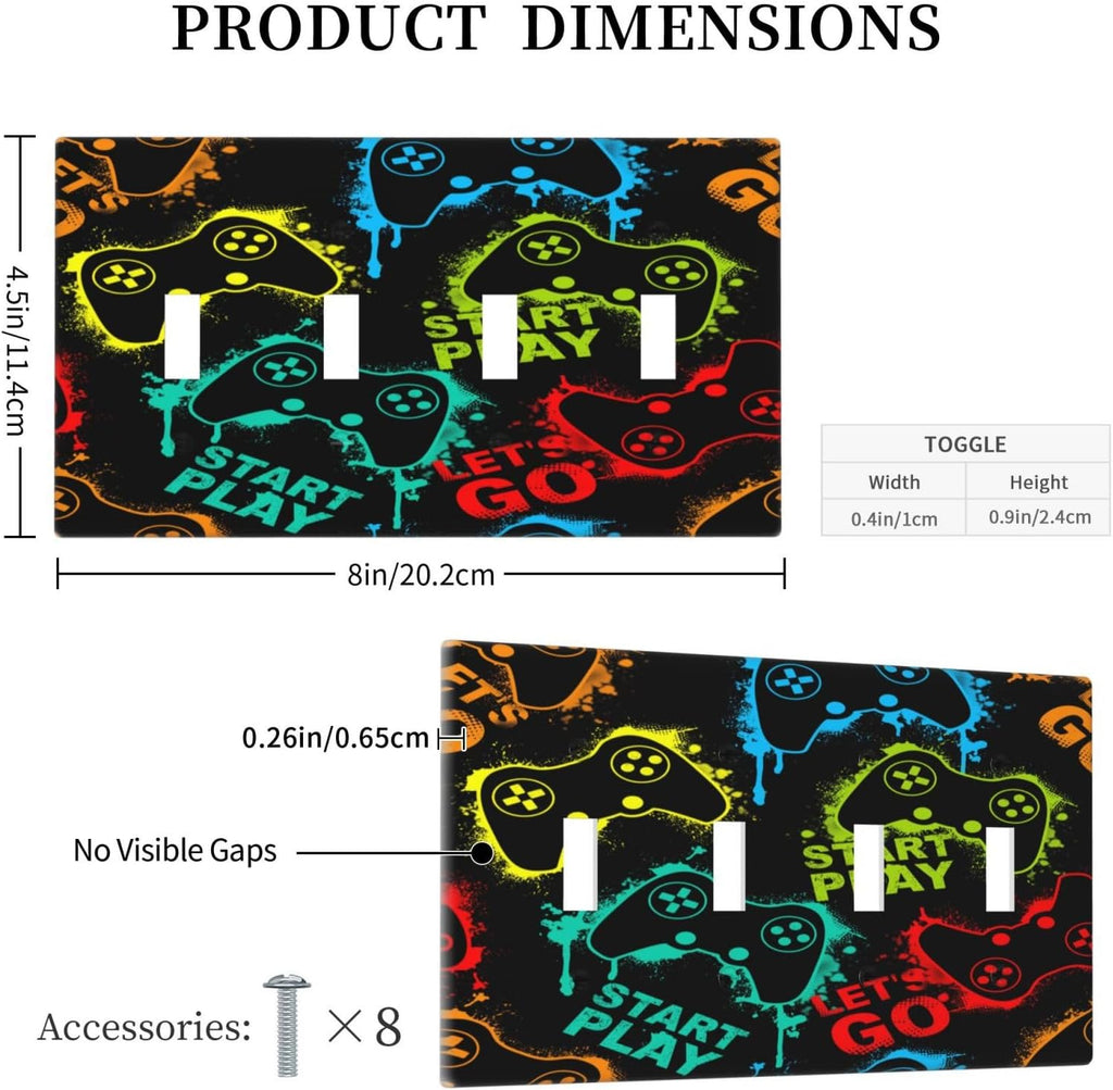 Decorative Light Switch Plate Covers Gamepad Theme Graffiti 4 Gang Light Switch Cover Quad Toggle Wall Plate Outlet Covers for Game Room Bedroom Home Decor