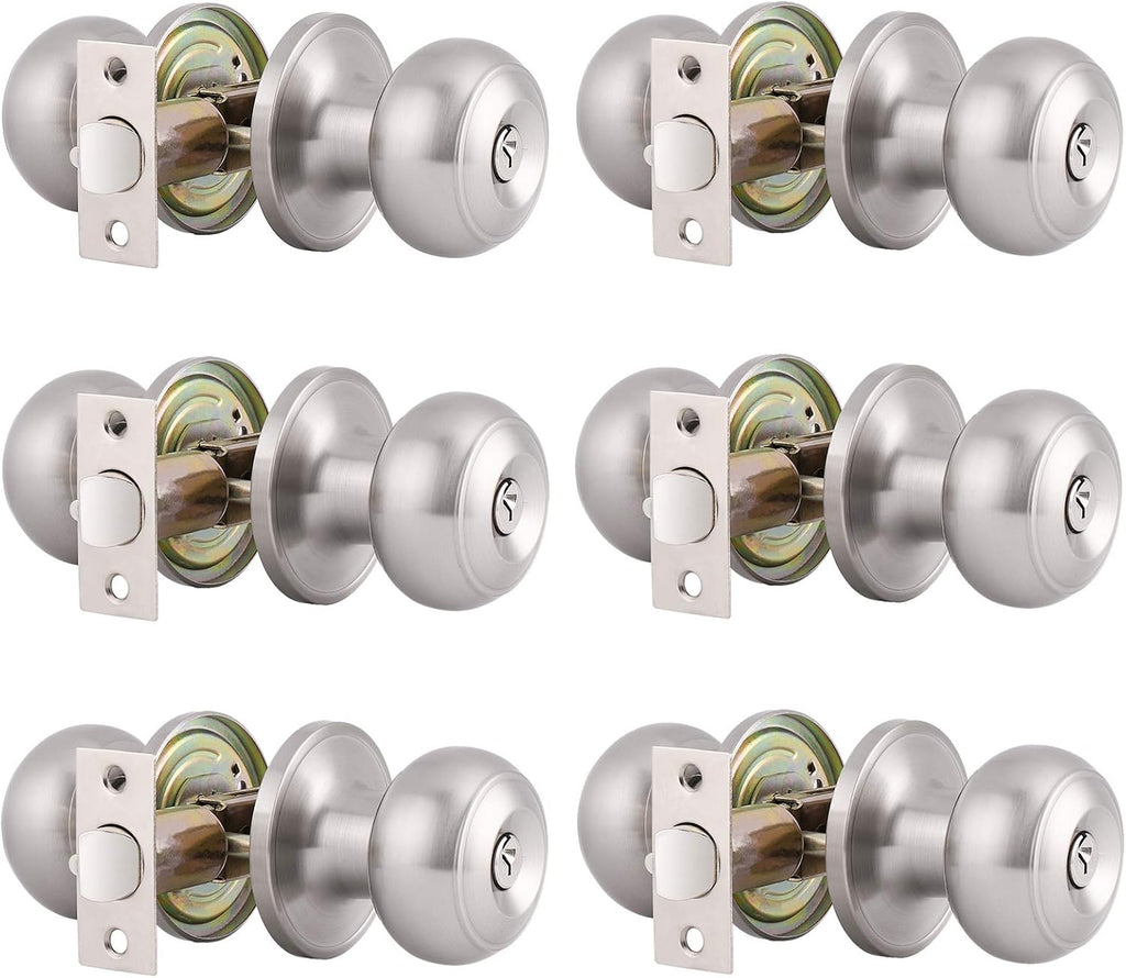 Gobrico Round Satin Nickel Keyed-alike Entry Locks Knobs 6Pack, Front Enry Door Knobs with Lock and Same Key, Round Ball Style Locksets Door Handles