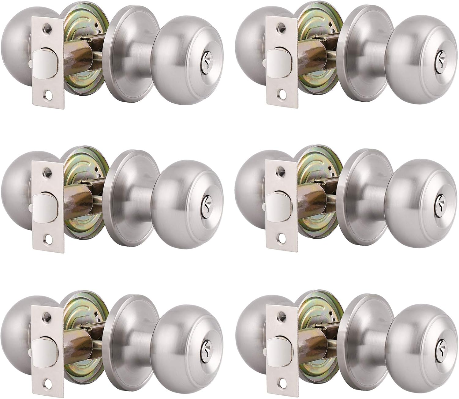 Gobrico Round Satin Nickel Keyed-alike Entry Locks Knobs 6Pack, Front Enry Door Knobs with Lock and Same Key, Round Ball Style Locksets Door Handles