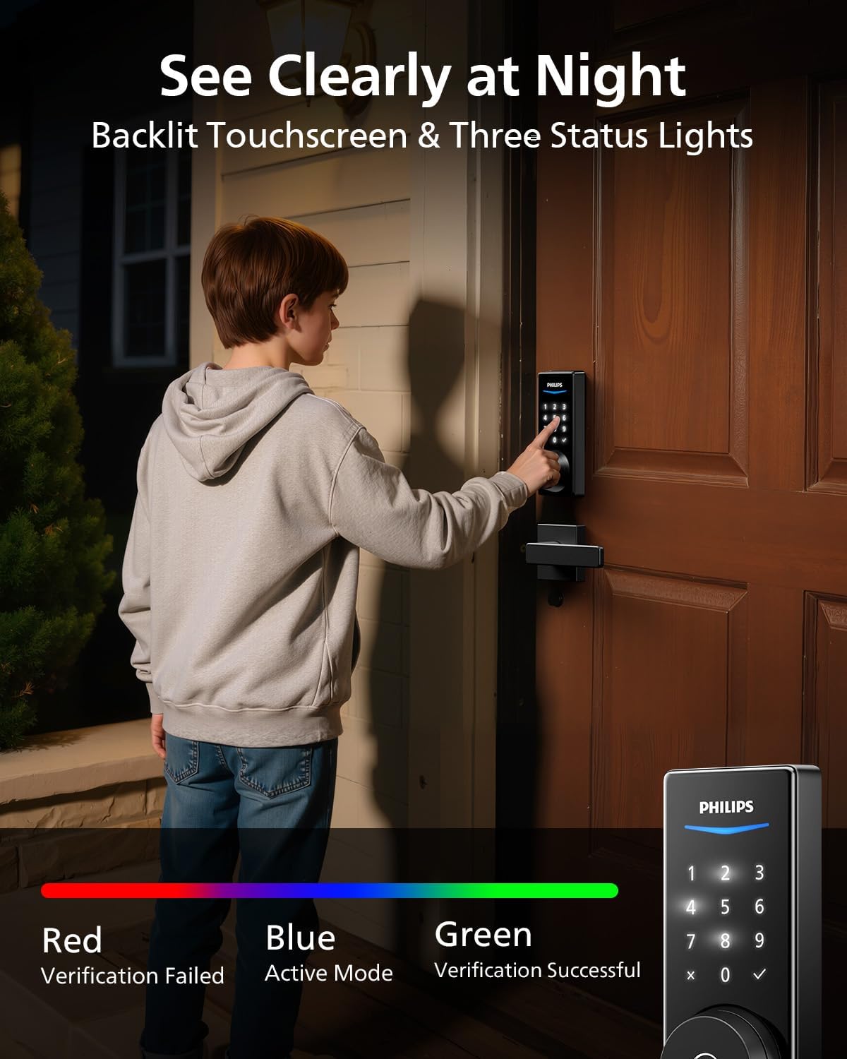 Philips Built-in WiFi Smart Lock, Keyless Entry Door Lock with App, Touchscreen, Indicator Light, Fingerprint Door Lock — Compatible with Alexa & Google, Splash-Proof Design, Includes 8 Batteries
