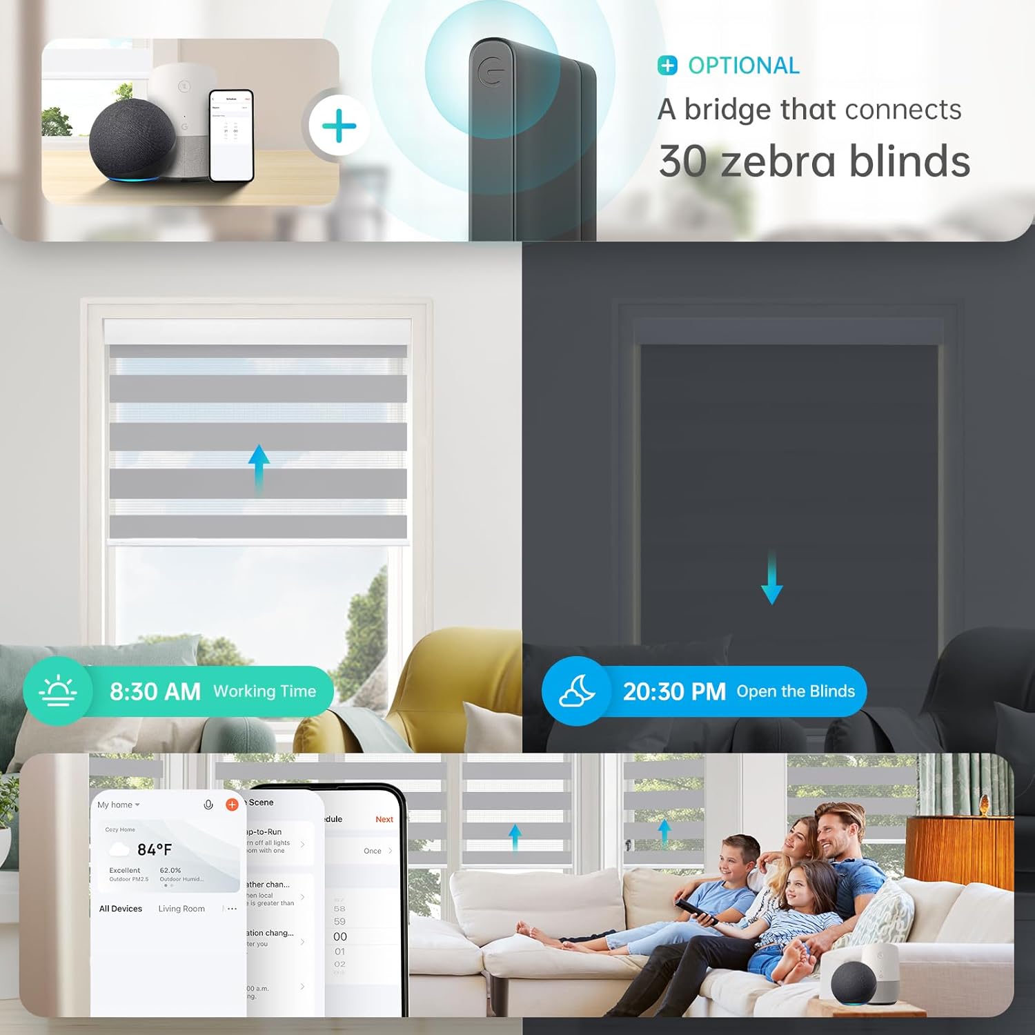 DENFOON Motorized Zebra Blinds, Solar Powered Dual Layer Automatic Shades with Remote Control, Rechargeable Smart Blinds Horizontal Wireless Electric Shades for Windows, Custom Size, Gray， 38 x 72