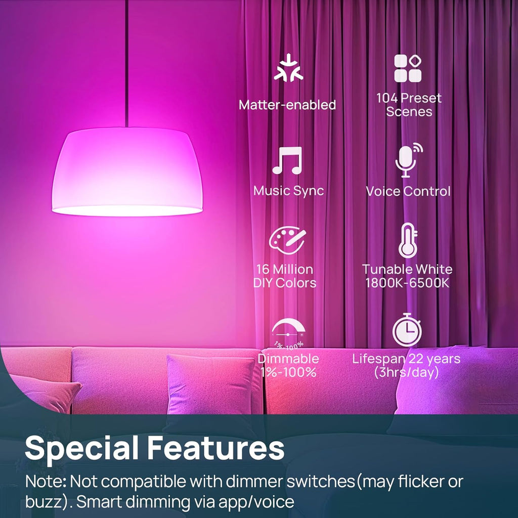 Linkind Matter Smart Light Bulb,1600LM 100W Smart Bulbs Work with Alexa/Apple Home/Google Home/SmartThings, RGBTW LED Color Changing Bulbs Music Sync, 2.4GHz Wi-Fi Light Bulbs LED 11W, A21 E26, 4Pack