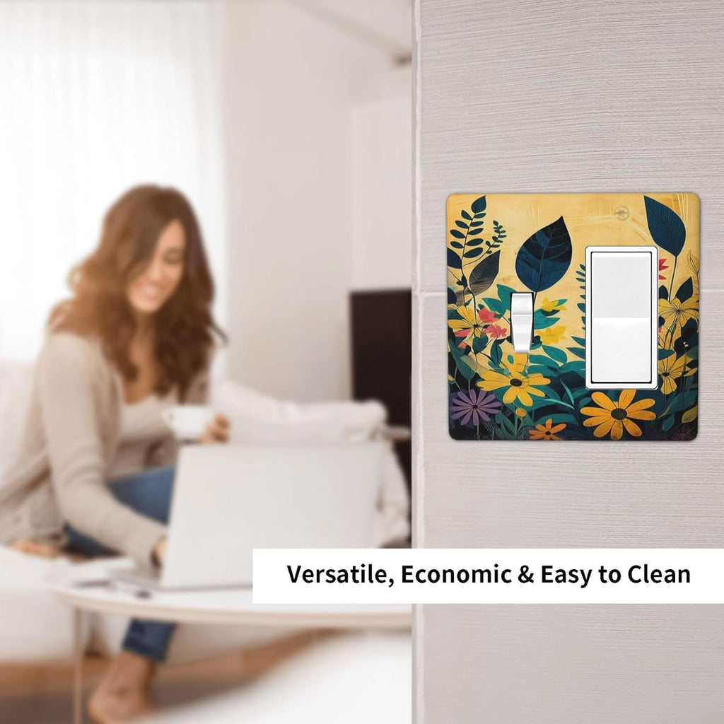 Abstract Minimalist Floral Botanical Boho Flower 2 Gang Combo 1 Toggle 1 Rcoker Light Switch Covers Decorative Switch Plates Electrical Switch Plates and Outlet Covers for Home Art Decor 4.5 X 4.5 IN