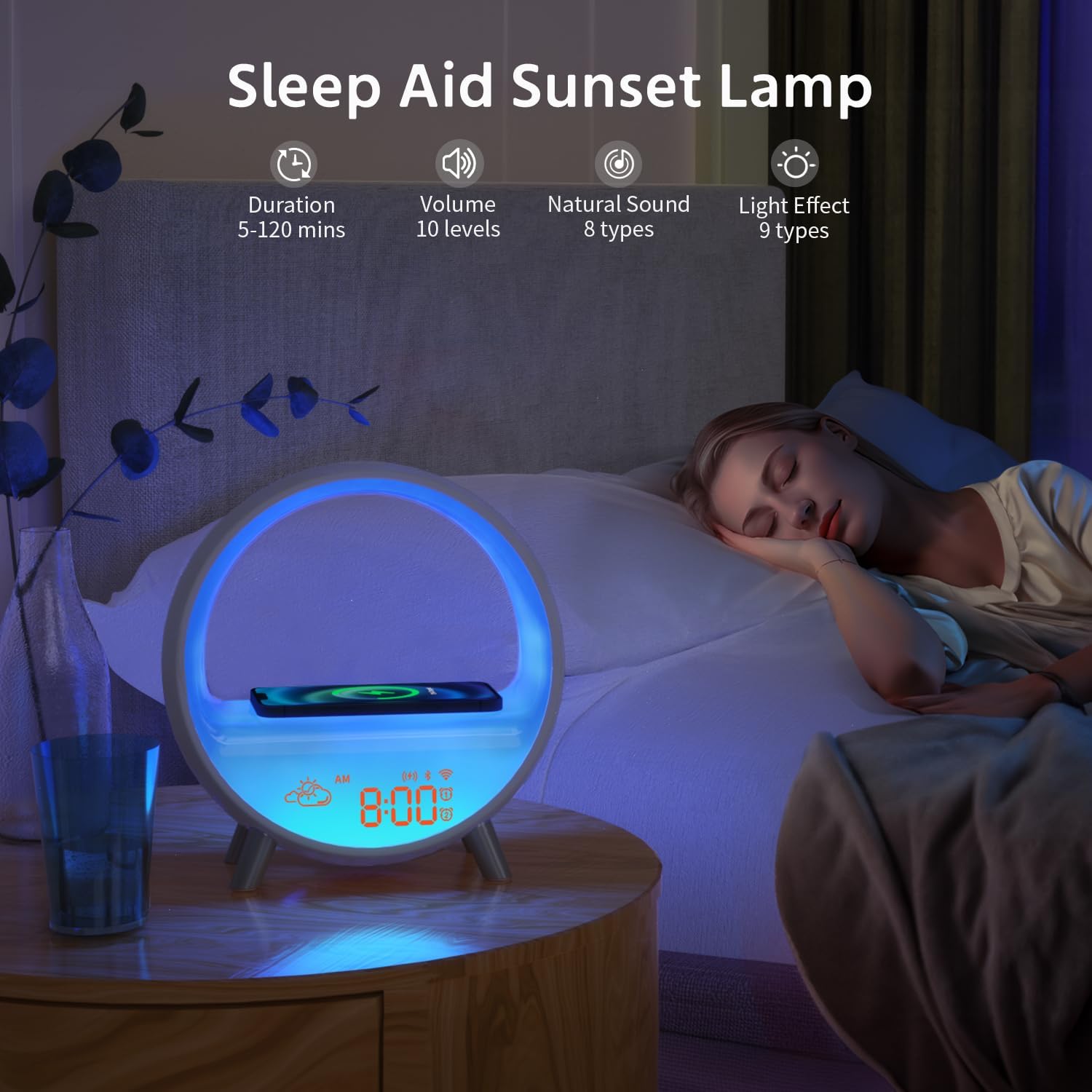 MOMILLA Smart Sunrise Alarm Clock with Wireless Charging, Wake up Light w/Bluetooth Speaker, Compatible with Airpods/iPhone, APP Control White Noise Sound Machine, Alarm Clocks for Bedrooms Adults