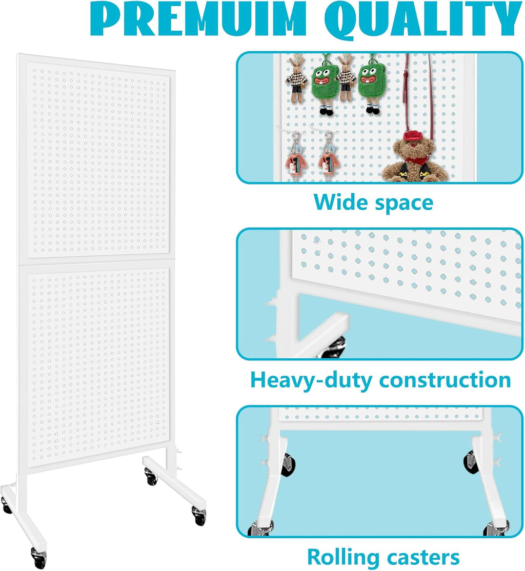 Royxen Standing Pegboard Display 2 x 5 Feet, Metal Pegboard with 30 Hooks, Peg Board Display Stand with Wheels for Vendors, Home and Retail Store (White)