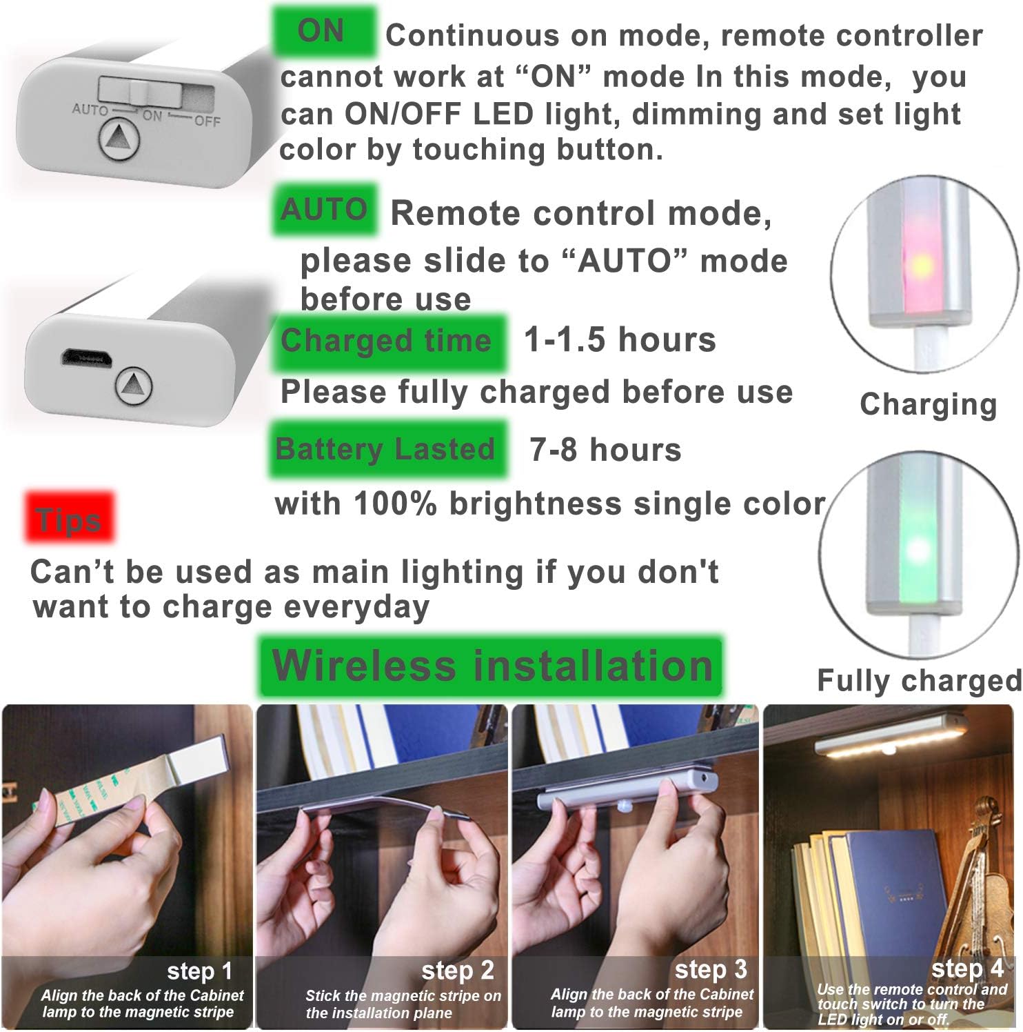 LDOPTO Under Cabinet Lights with Remote, Magnetic Rechargeable Under Counter Closet Lights, Wireless Night Light Bar Stick-On, for Kitchen Wardrobe Cupboard Stairs Bedroom, 2-Pack, Warm White