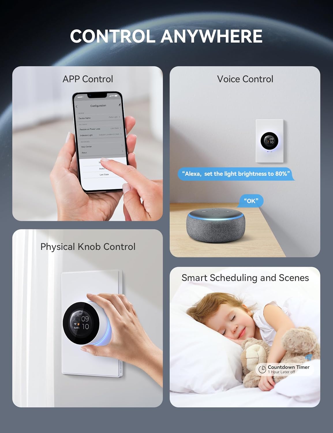 ELEGRP WiFi Smart Rotary Traic Dimmer with 1.8 inch TFT Display Screen, 3 Way, Needs Neutral Wire, 2.4GHz Wi-Fi, Compatible with Alexa and Google Home, No Hub Required, UL Listed, 2 Pack, White