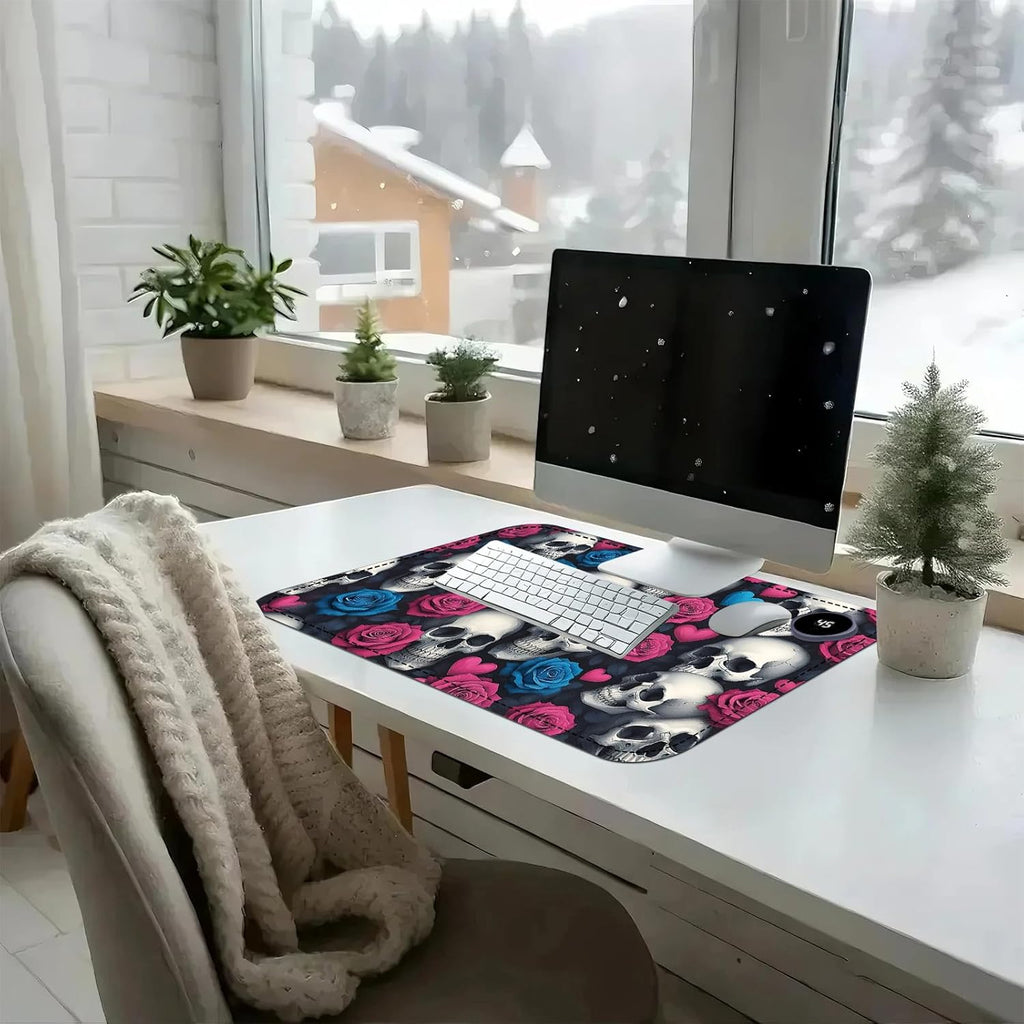 Heated Mouse Pad with 3 Temperature Settings(104°F–122°F),Large 24x14.2 Inch PU Leather Heated Desk Mat,Waterproof Warming Pad for Office,Gaming & Cold Hands Relief,Skeleton Skulls Flower