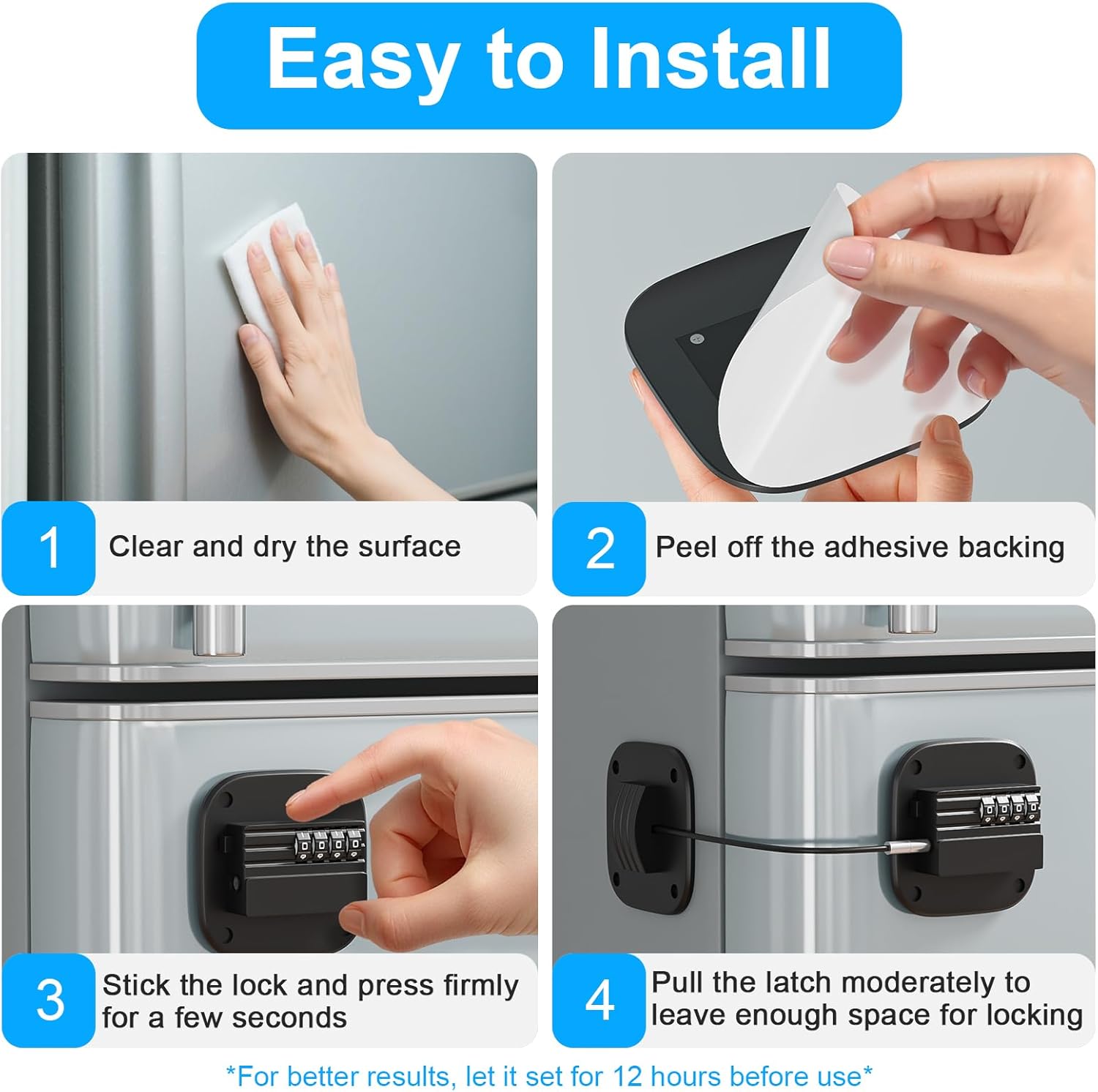 2 Pack Fridge Lock with Combination, No Key Required, Upgrade Refrigerator Lock with Adhesive and Screws, Freezer Cabinet Pantry Drawer Latch to Keep Door Closed, for Kids Adults Cats & Dogs, Black