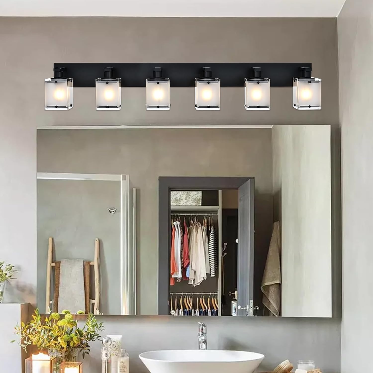 Bathroom Vanity Light Fixture, 6-Lights Modern Vanity Lighting Over Mirror with Frosted Glass Shades, Wall Mount Lamp for Bath Living Room, E26 Bulb Base