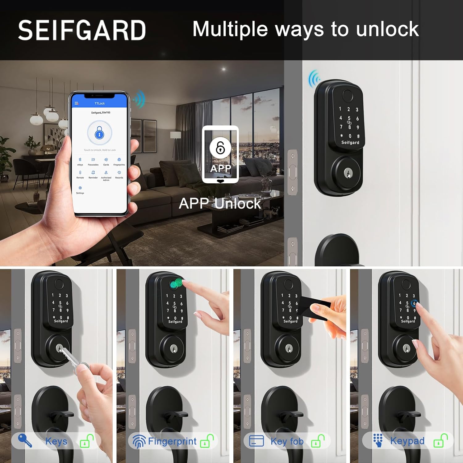 Keyless Entry Door Lock with Handle Set, Smart Door Lock for Front Door with Woodworking Flat Wing Drill, Electronic Keypad Deadbolt Lock, Auto Lock Compatible with Alexa, Black