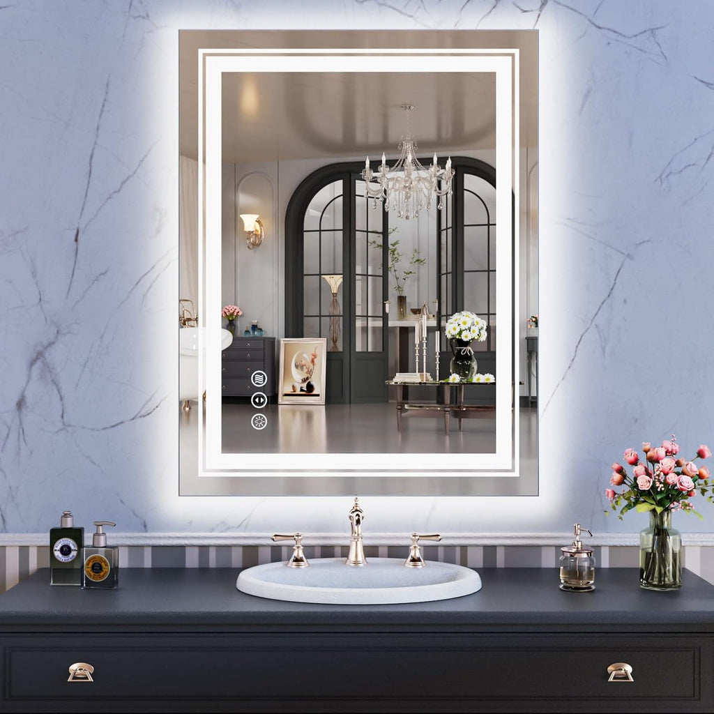WTTY LED Bathroom Mirror 28"x36" with Backlit and Front Light,Stepless Dimmable LED Mirror for Bathroom,Anti-Fog Lighted Bathroom Vanity Mirror Modern,Memory Function,Shatter-Proof
