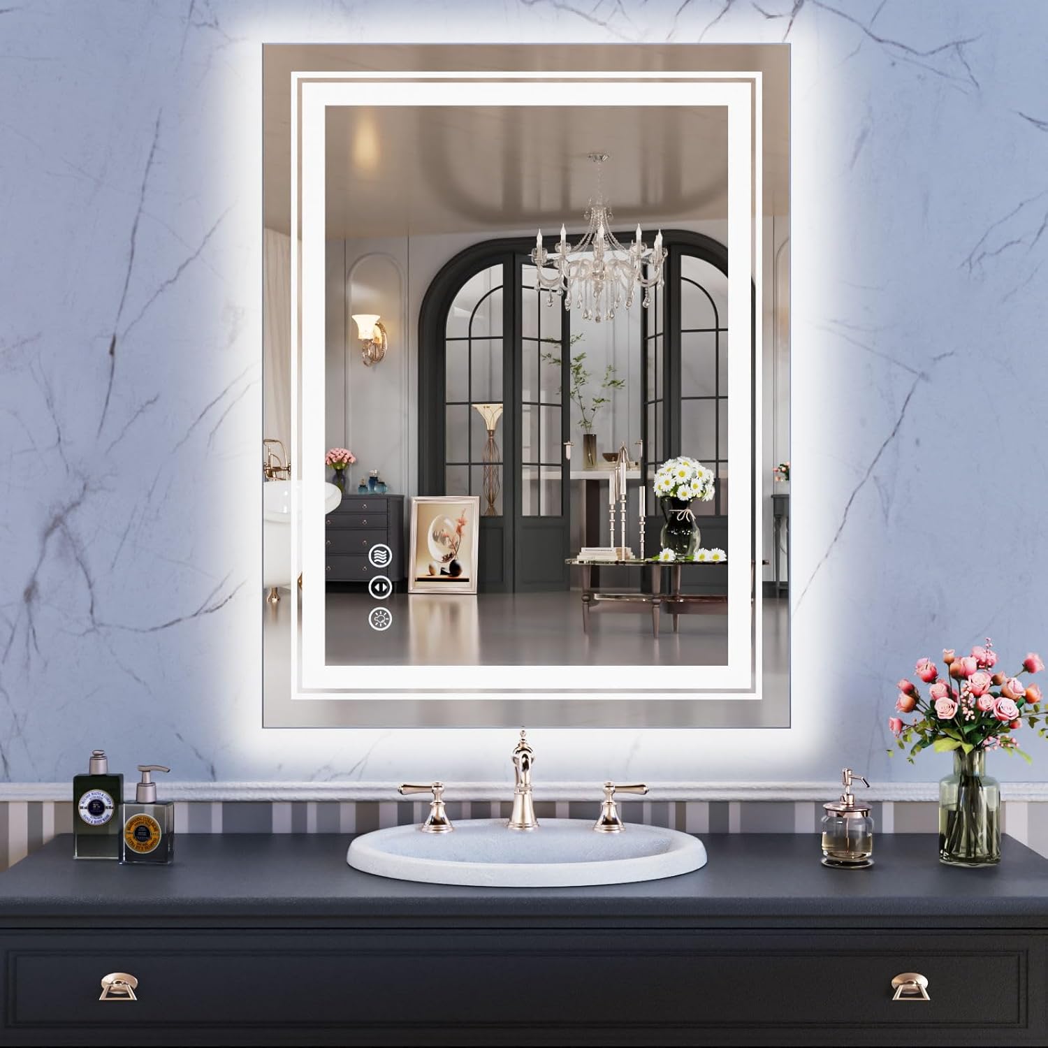 WTTY LED Bathroom Mirror 28"x36" with Backlit and Front Light,Stepless Dimmable LED Mirror for Bathroom,Anti-Fog Lighted Bathroom Vanity Mirror Modern,Memory Function,Shatter-Proof