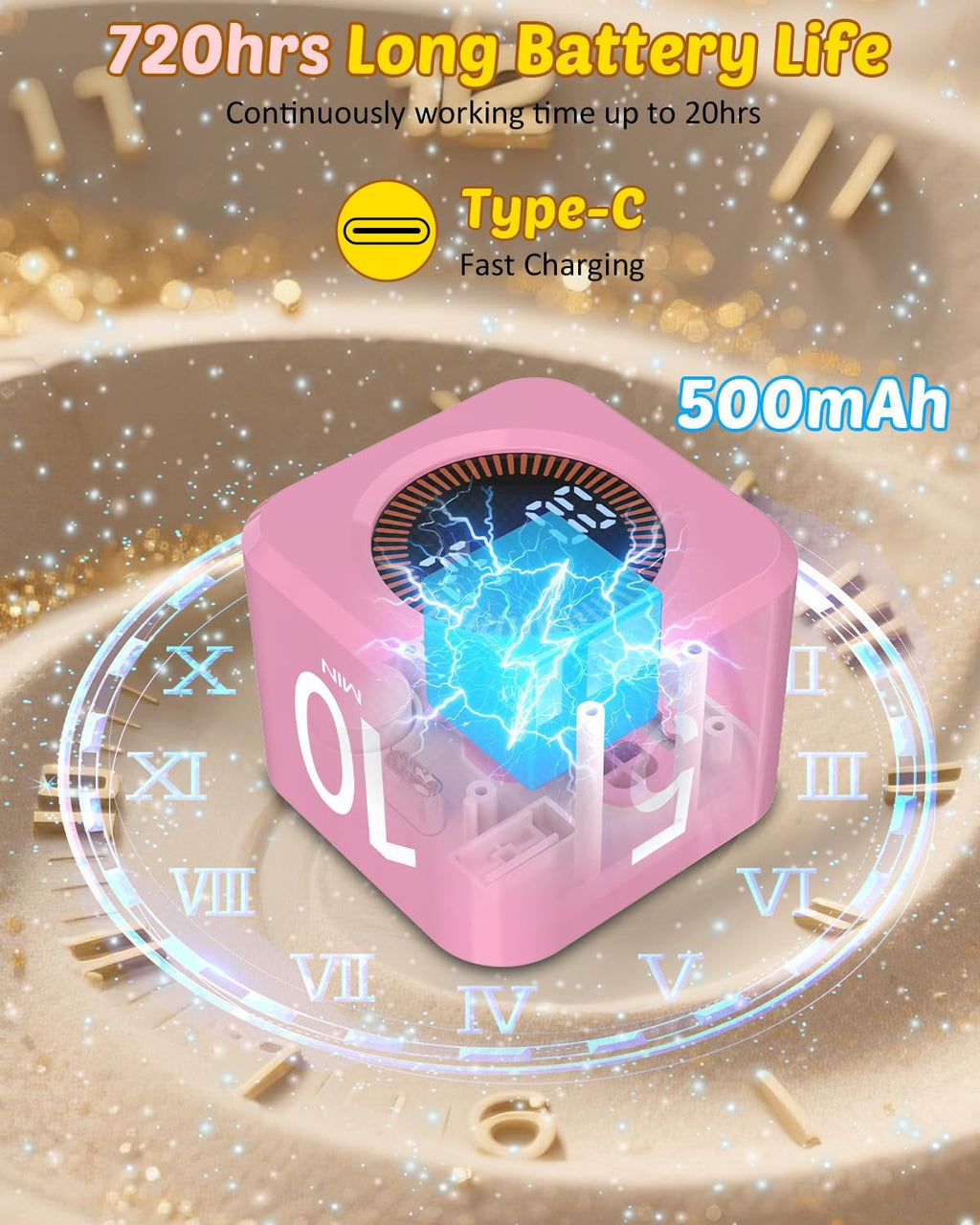 Pomodoro Timer Cube Visual Productivity Flip Timer for Kids Classroom Desk, 5/10/25/50min&Custom Countdown, Silent&Sound Mode Digital Cube for ADHD Study Work School Game Kitchen (Pink)