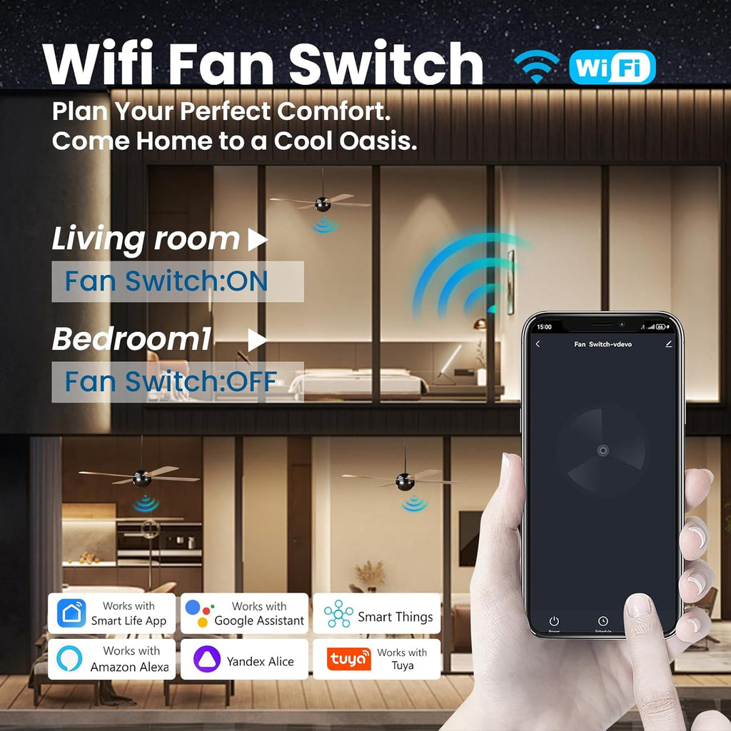 Smart Fan Switch 118X72X34MM Need Neutral Wire, 2.4GHz WiFi,Tempered Glass Panel, Multi-Control Way Work with Alexa and Smart Life, White WiFi Fan