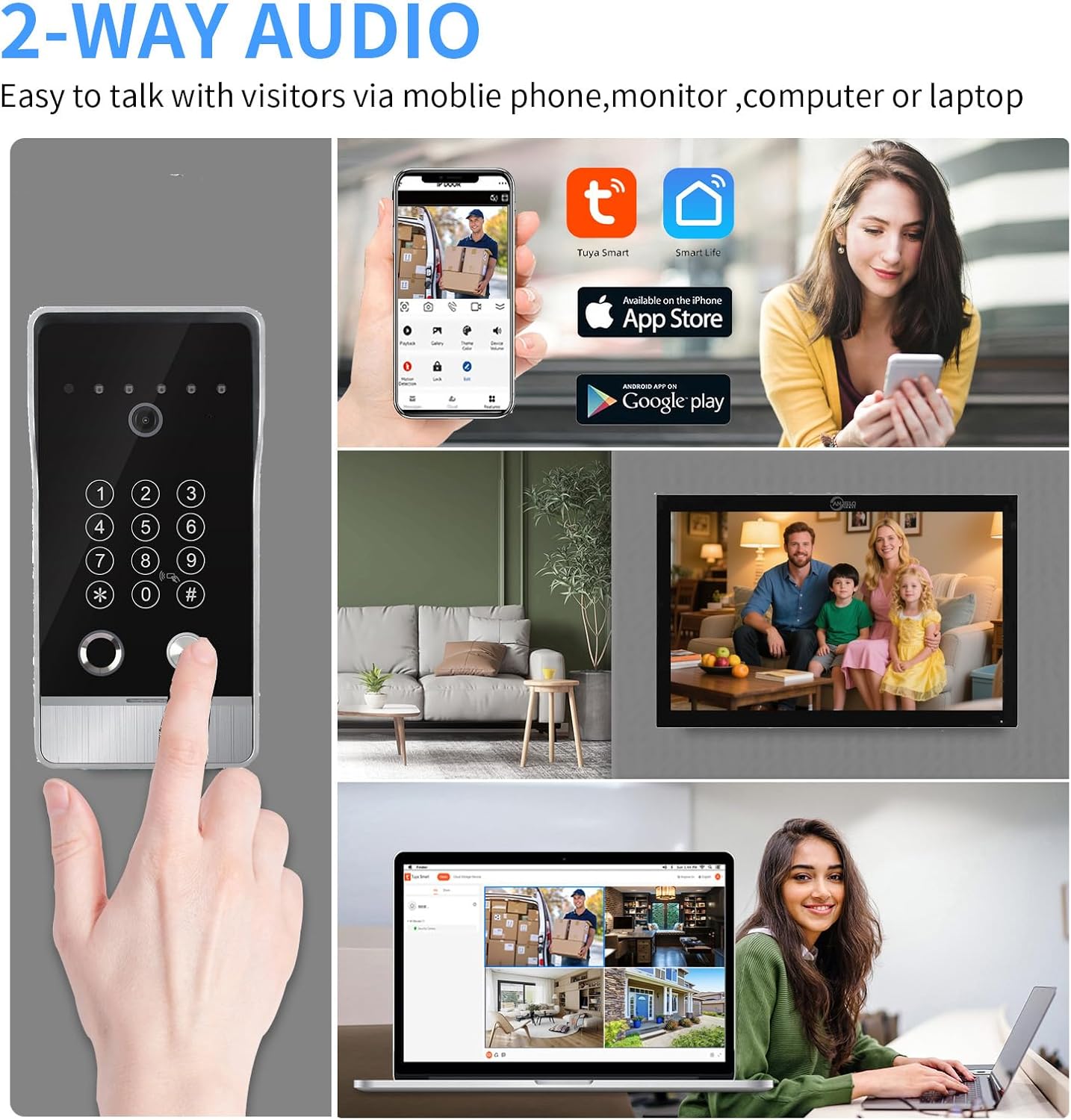 Wired Video Door Phone Apartment Intercom System,10 Inch Touch Monitor with 1080P doorbell,Support Fingerprints, RFID Cards,Passwords,Unlock Motion Detection for Home (2 Doorbell + 3 Monitor)