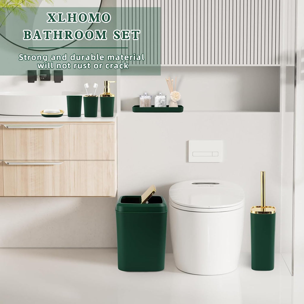 Green Bathroom Set, Bathroom Sets with Stripe Shower Curtain, Green and Gold Bathroom Accessories with Trash Can, Soap Dispenser, Soap Dish, Toilet Brush Holder, Qtip Holders for Bathroom
