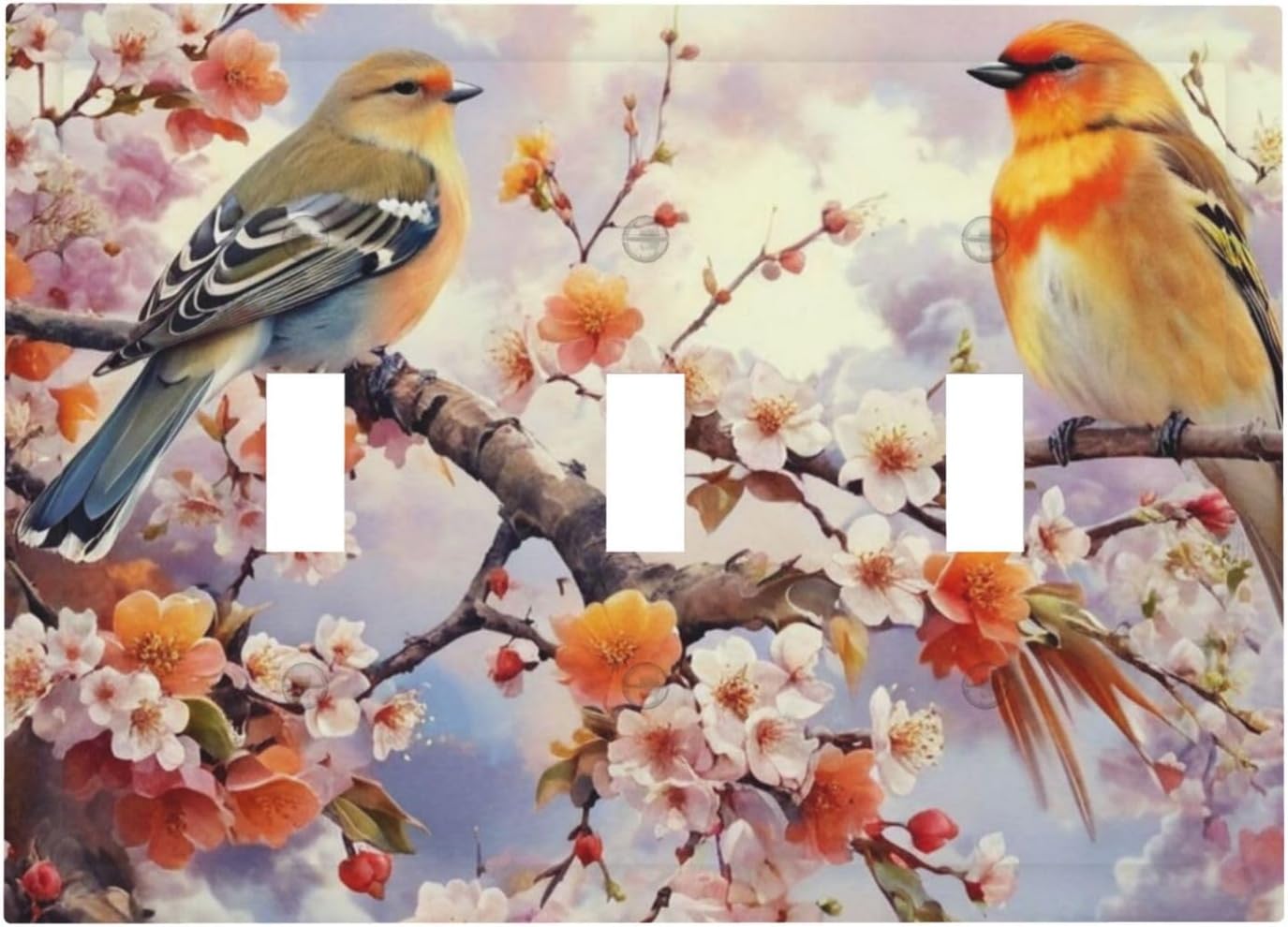 Birds Sitting on Flowers Tree Branch Light Switch Covers 3 Gang Triple Toggle Wall Plate Decorative Switch plate Electrical Faceplate for Farmhouse Living Decor