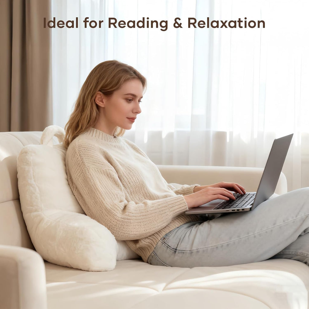 NOONTIDE Reading Pillow for Adults Sitting in Bed:Large Back Pillow with Detachable Neck Roll and Individual Cushion，Cover Washable Sit up Pillow,Watching TV/Gaming/Relaxing(FurryWhite)