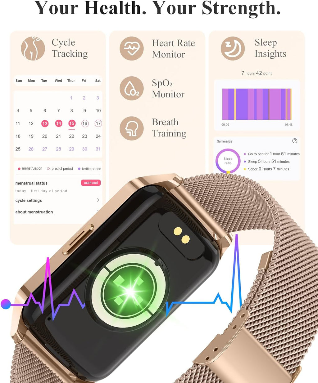 Fitness Tracker Watch for Women Men, Step Counter Compatible with iPhone Android, IP68 Waterproof Activity Tracker with Sleep Monitor, 110+ Sports (Classic, Gold, 1.57)