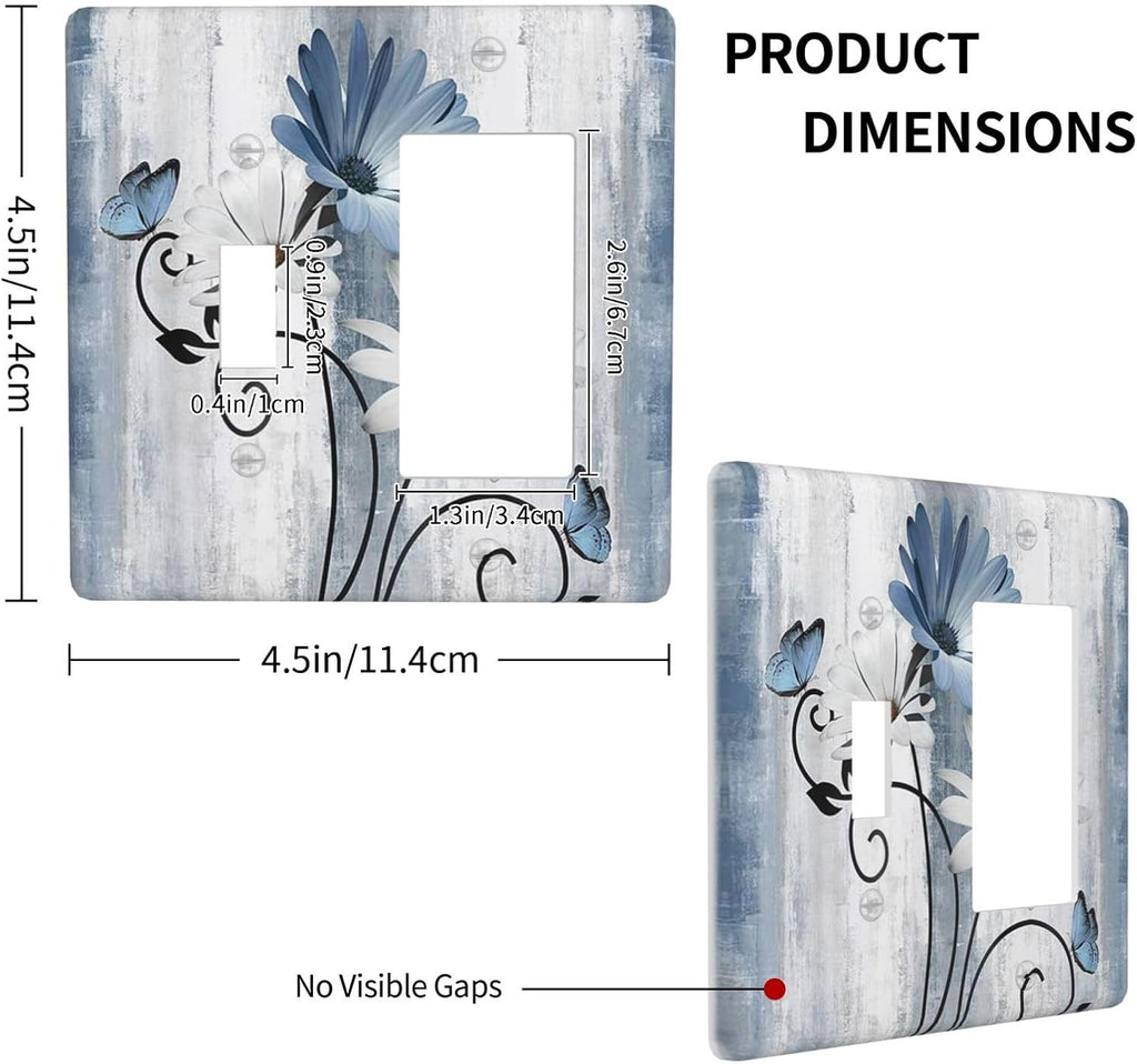 Decorative Outlet Covers Rustic Blue White Daisy Ink Flower 2 Gang Light Switch Cover Plate Single Toggle 1 Rocker Wall Plates for Electrical Outlets Switch Plate Covers for Bedroom Home Decor