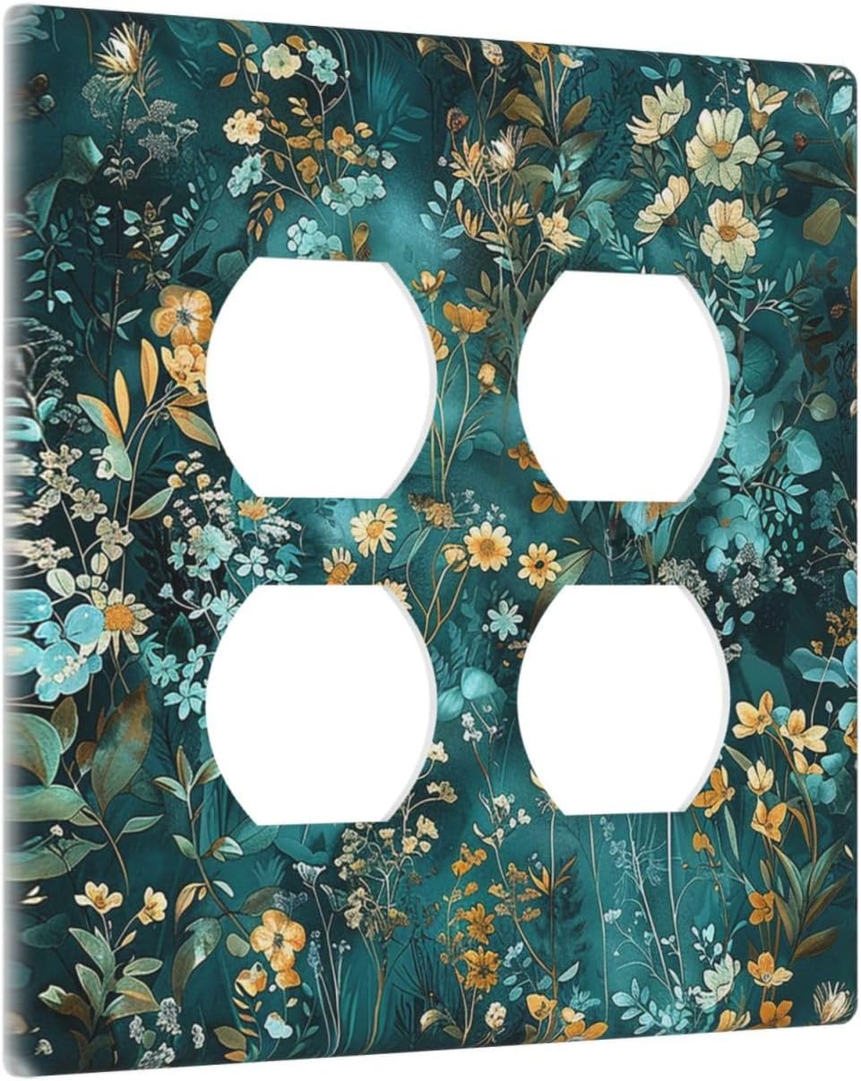 Outlet Covers Green Leaf Floral Boho Golden Flower Plant 2 Gang Double Duplex Decorative Light Switch Covers Electrical Wallplates Socket Faceplate For Bed Room Cabin Decor