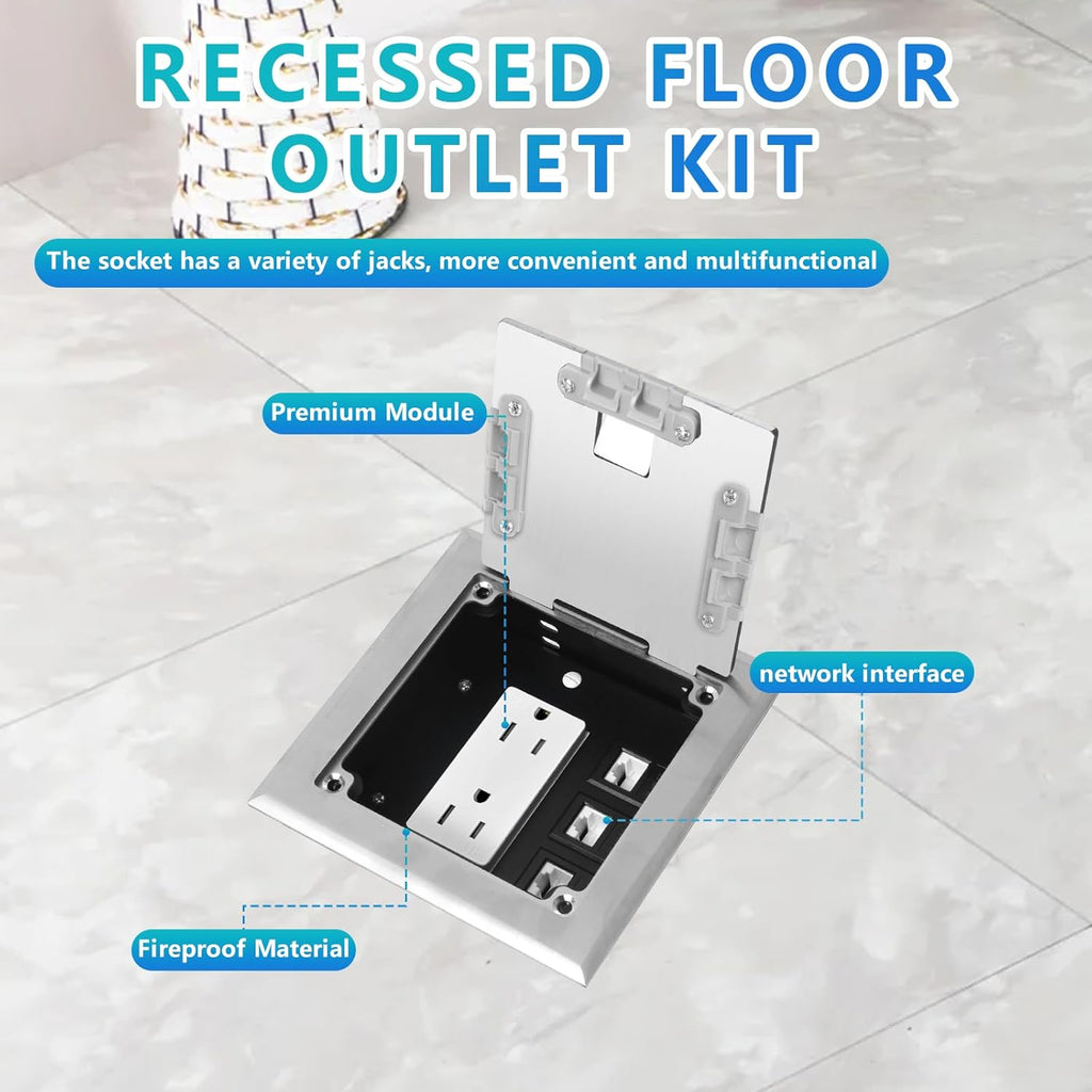 KYHSHJ Recessed Flat Hidden Socket Kit with 15 Amp Stainless Steel TR Receptacle Outlet Stainless+3-Port RJ45 Datacom Receptacle.Internal Height Adjustable，Corrosive Resistant Hardware，Silver