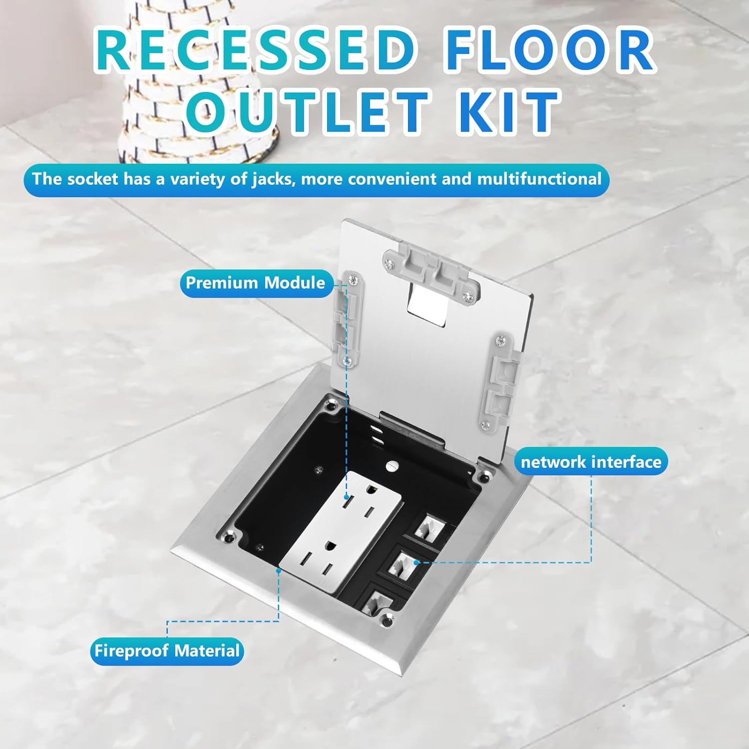 KYHSHJ Recessed Flat Hidden Socket Kit with 15 Amp Stainless Steel TR Receptacle Outlet Stainless+3-Port RJ45 Datacom Receptacle.Internal Height Adjustable，Corrosive Resistant Hardware，Silver