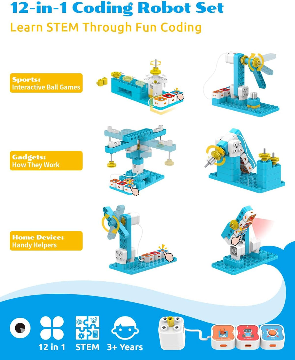 WhalesBot A3 12-in-1 STEM Blocks Coding Robot Kit for Kids, 61-Piece Educational Building Set with Interactive Storytelling, Ideal Toy Gift for Boys & Girls Ages 3-6